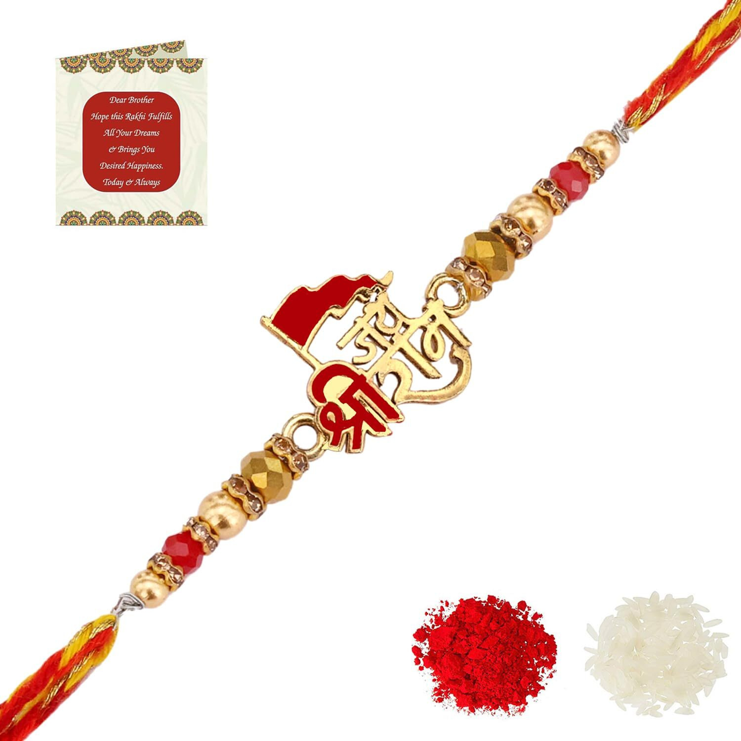 Riddhika Ventures Religious Meenakari Peacock and Om Rakhi with Roli Chawal, Greeting Card and and One Religious Keychain (K10K)