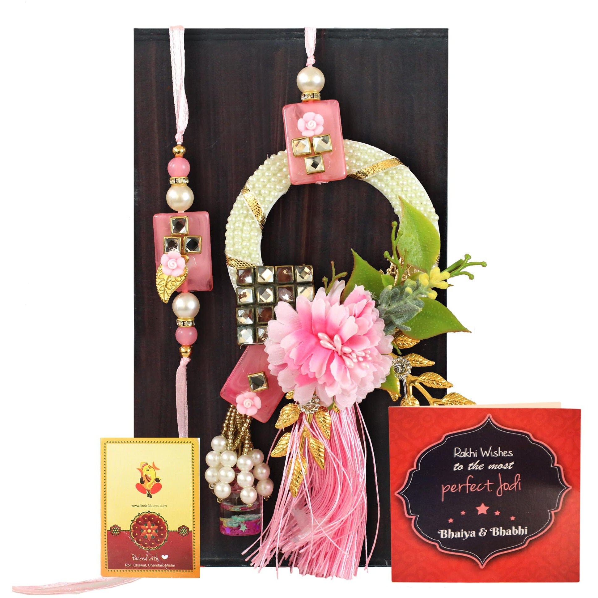 TIED RIBBONS Rakhi for Brother and Bhabhi Combo - Designer Floral Couple Rakhi Set of 2 with Greeting Card and Tikka - Hanging Lumba Rakhi for Bhaiya Bhabhi - Rakhi for Rakshabandhan