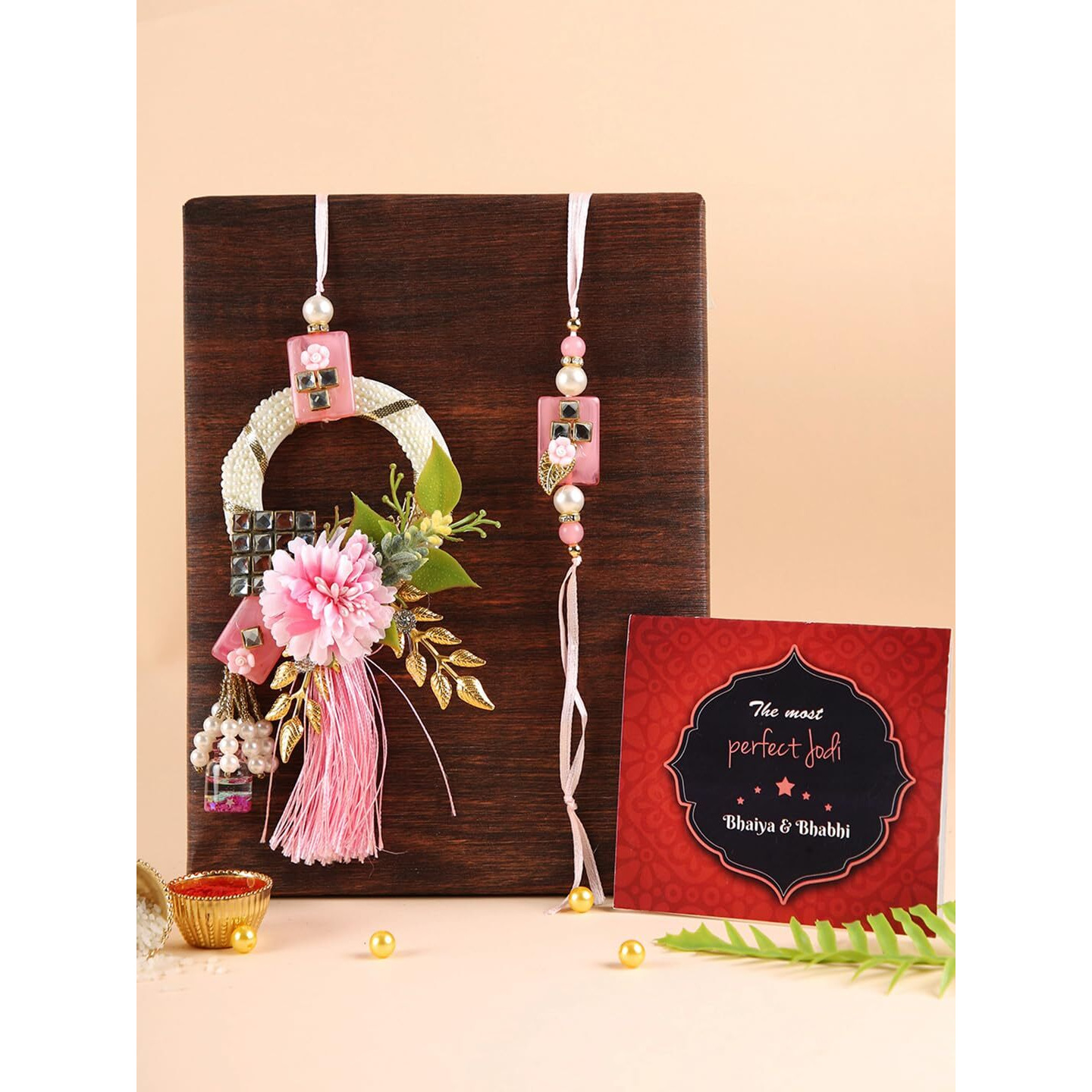TIED RIBBONS Rakhi for Brother and Bhabhi Combo - Designer Floral Couple Rakhi Set of 2 with Greeting Card and Tikka - Hanging Lumba Rakhi for Bhaiya Bhabhi - Rakhi for Rakshabandhan