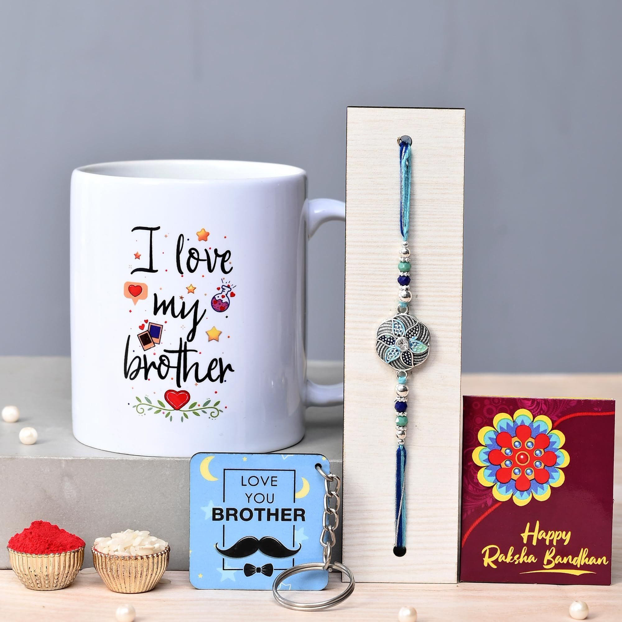 TONKWALAS Rakhi for Brother with Printed Ceramic Mug and Keychain Combo |Pack of 5 (Greeting Card, Roli Chawal, Rakhi, Printed Mug, Keychain) | Best Rakhi Gift for Brother. (TW-KMUG-4-C4)