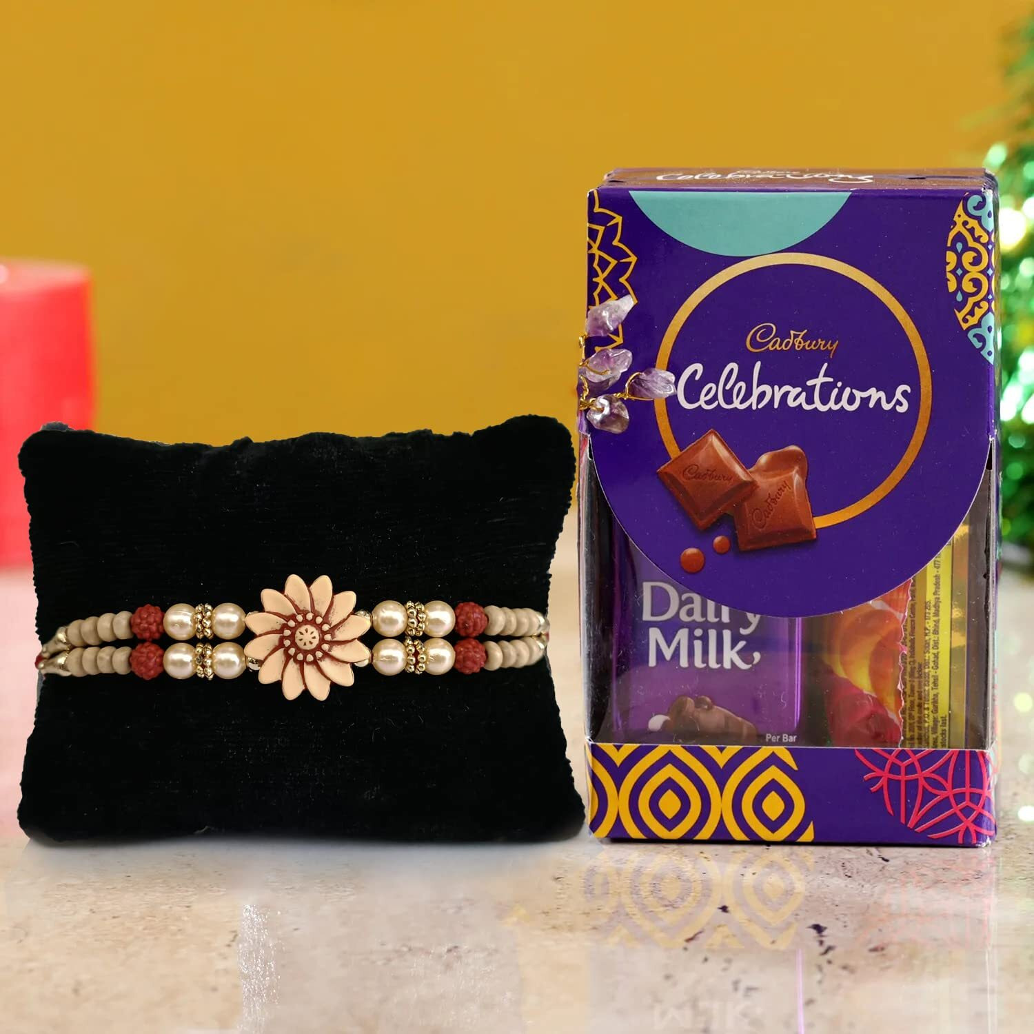 Rakhi Gift for Brother with Chocolates Gift Combo - Premium Rakhi with Chocolates and Roli Chawal Tika - Rakhi for Brother - Rakhi with Cadbury Celebration Gift Hamper
