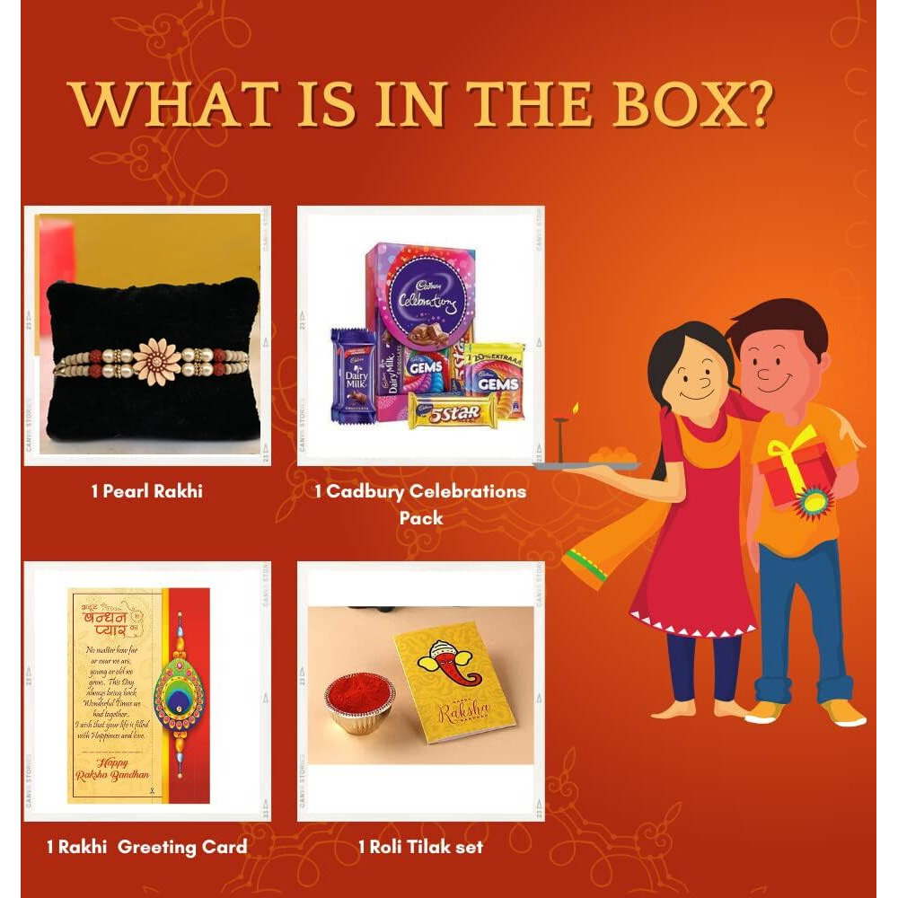 Rakhi Gift for Brother with Chocolates Gift Combo - Premium Rakhi with Chocolates and Roli Chawal Tika - Rakhi for Brother - Rakhi with Cadbury Celebration Gift Hamper