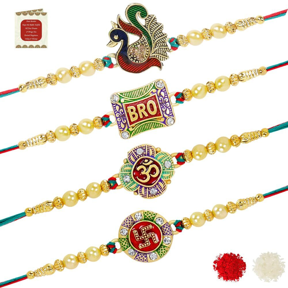 Riddhika Ventures Stunning Gold Plated Designer Brothers Rakhi (Set of 4) with Roli Chawal and Greeting Card (P4P5P6P7)