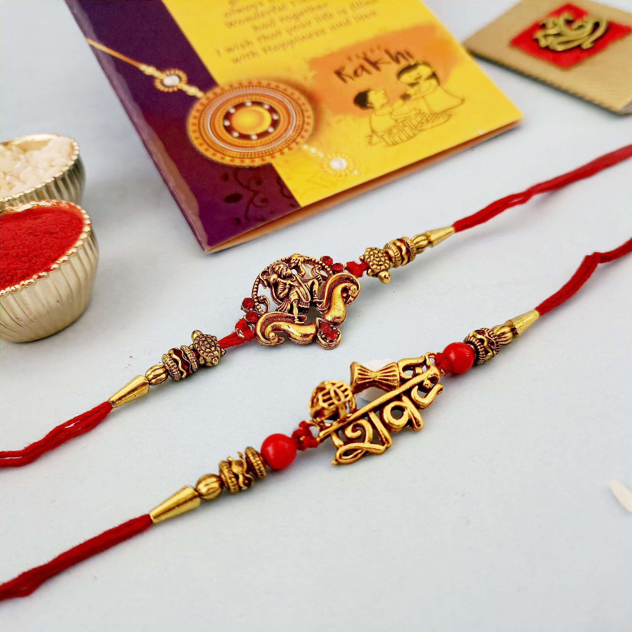 CraftVatika Rakhi Set of 2 for Brother Hanuman Ji Rakhi for Kids Bhaiya Brother Shiva Rakhi for Bhai Designer Rakhi Combo Set with Greeting Card