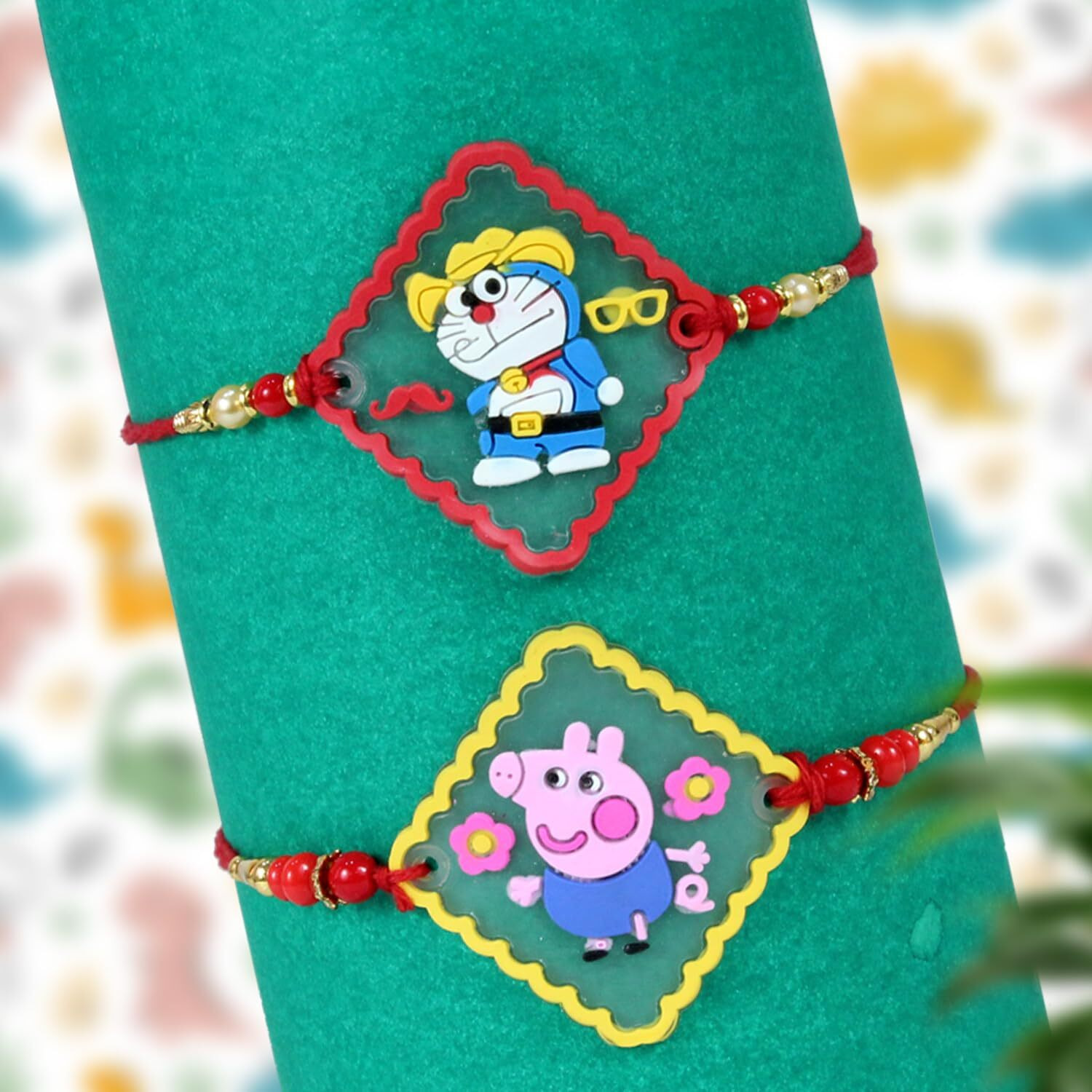 TIED RIBBONS Rakhi for Kids - Set of 2 Cartoon Peppa Pig Doremon Rakhi for Kids Boys Baby Brother with Greeting Card and Roli Chawal