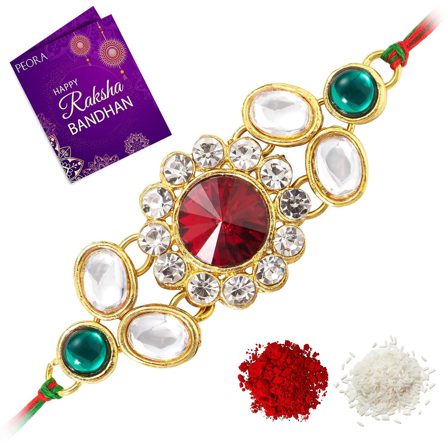 Peora Men Kundan & Crystal Stone Rakhi For Brother With Raksha Bandhan Greeting Card & Roli Chawal