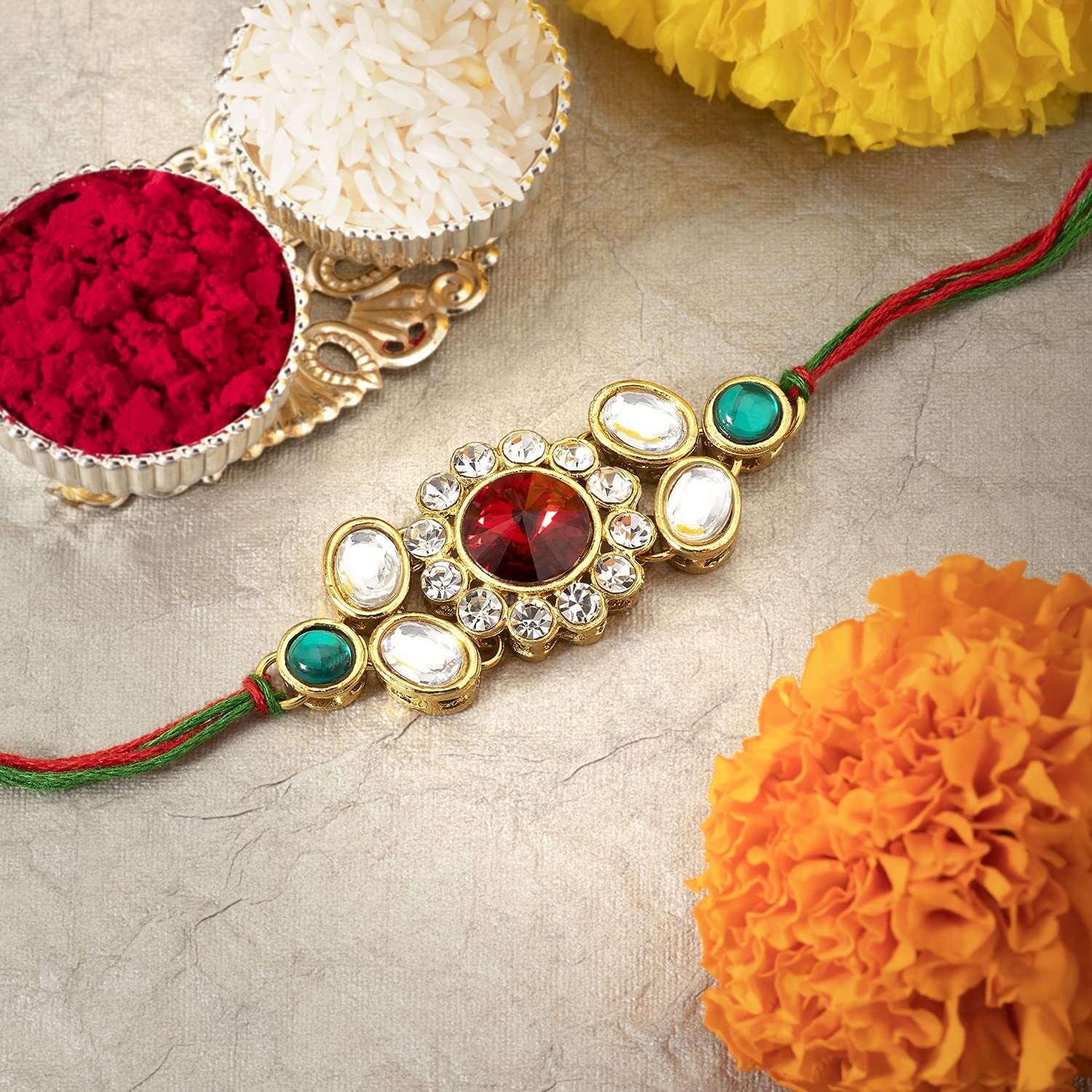 Peora Men Kundan & Crystal Stone Rakhi For Brother With Raksha Bandhan Greeting Card & Roli Chawal