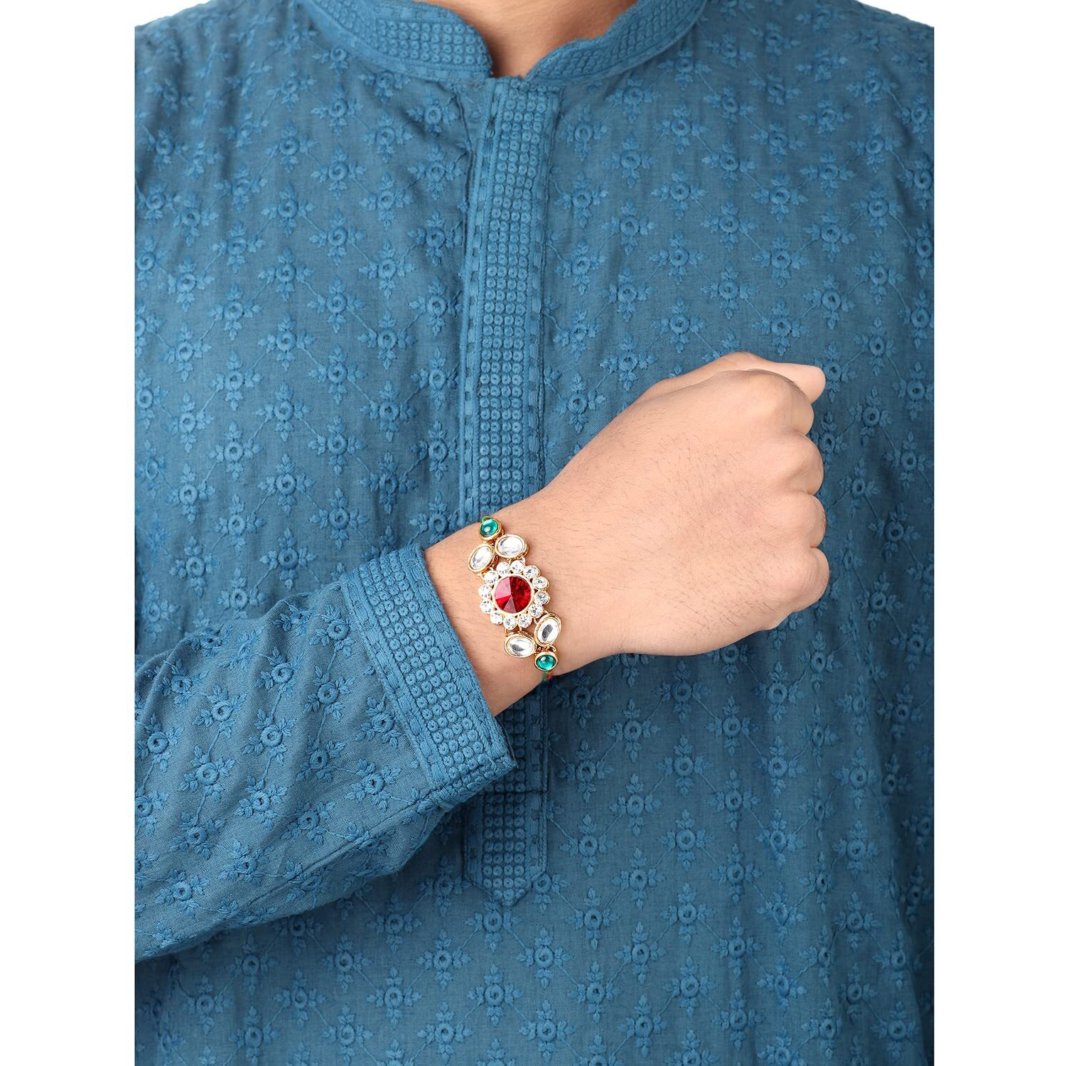 Peora Men Kundan & Crystal Stone Rakhi For Brother With Raksha Bandhan Greeting Card & Roli Chawal