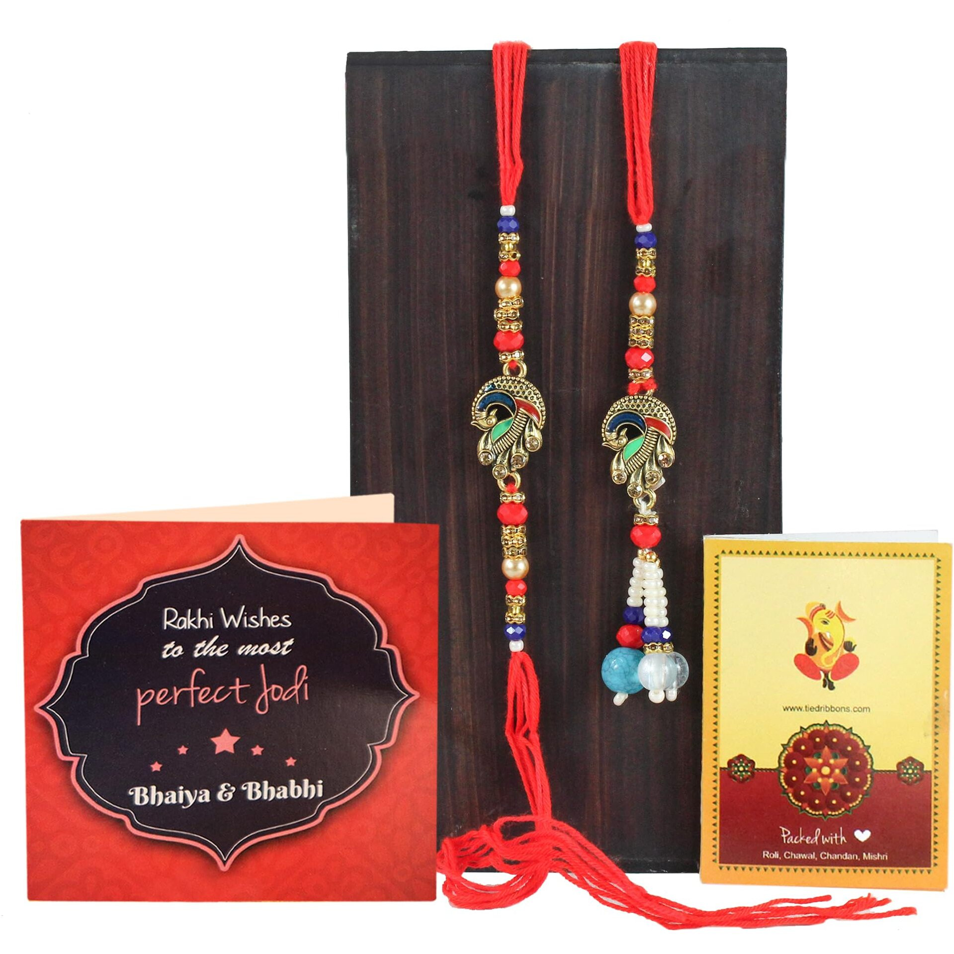 TIED RIBBONS Rakhi for Brother and Bhabhi - Handmade Peacock Couple Rakhi Set of 2 with Greeting Card and Tikka - Lumba Rakhi for Bhaiya Bhabhi - Rakhi for Rakshabandhan (Design 3)