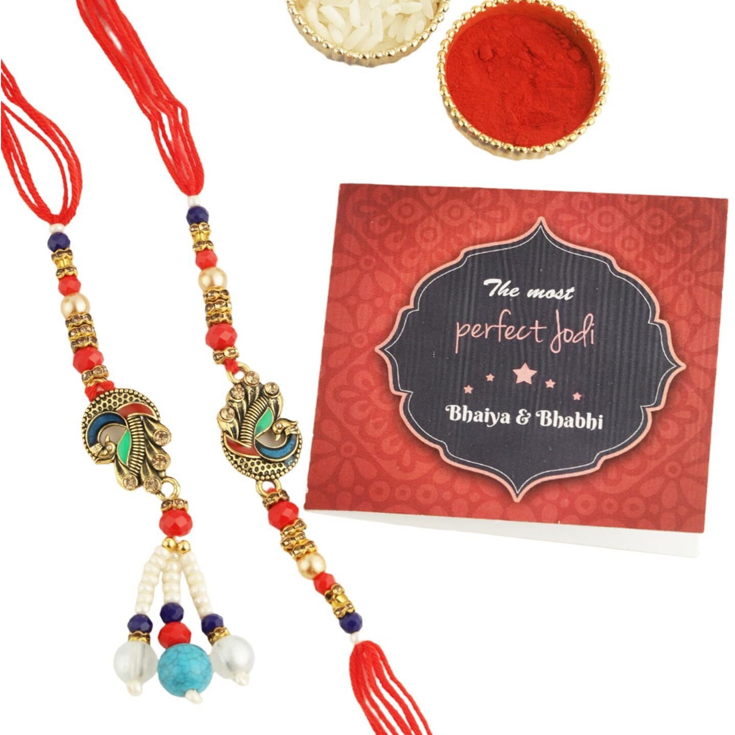 TIED RIBBONS Rakhi for Brother and Bhabhi - Handmade Peacock Couple Rakhi Set of 2 with Greeting Card and Tikka - Lumba Rakhi for Bhaiya Bhabhi - Rakhi for Rakshabandhan (Design 3)