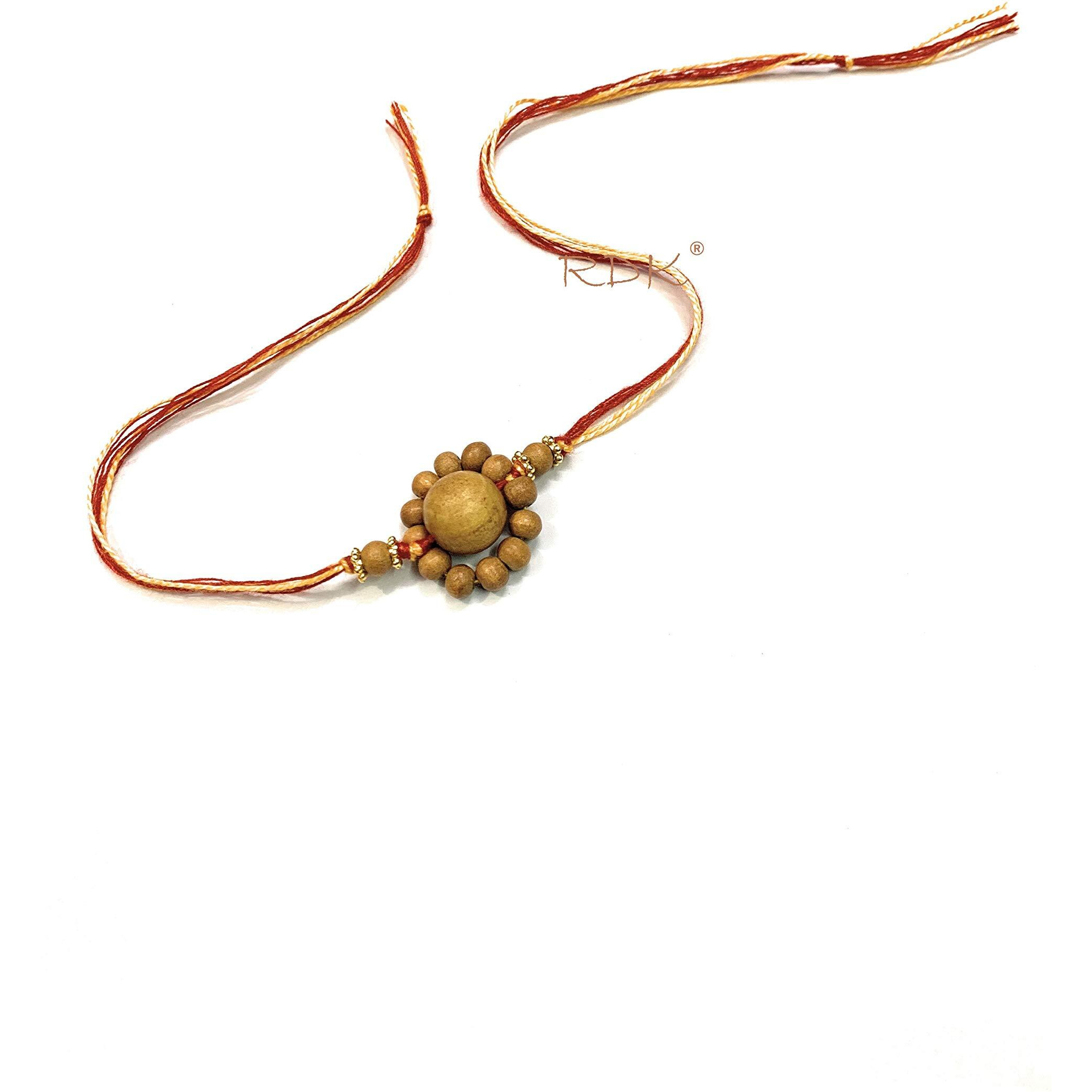 RDK Original Handcrafted Sandalwood Antique Flower Beaded Pattern Dora Rakhi Chandan Rakshbandhan Rakhis for Bhaiya Brother For Men