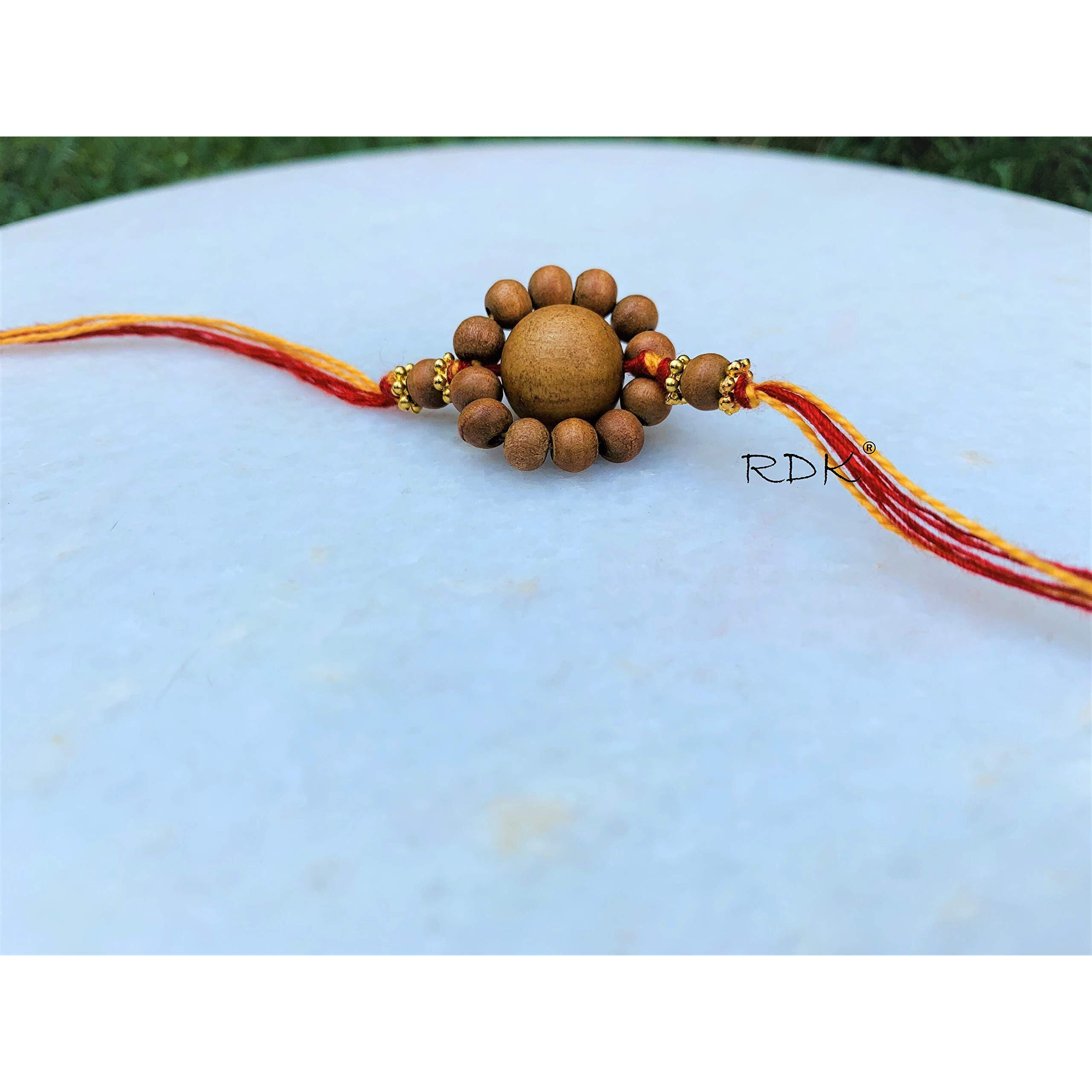 RDK Original Handcrafted Sandalwood Antique Flower Beaded Pattern Dora Rakhi Chandan Rakshbandhan Rakhis for Bhaiya Brother For Men