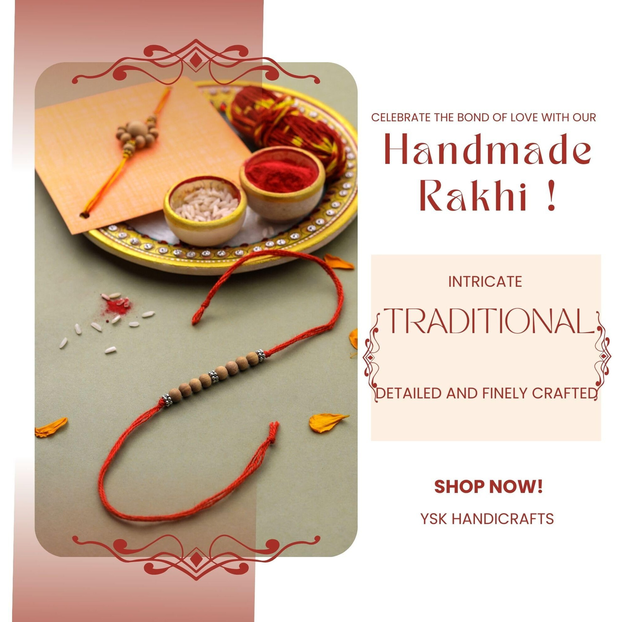 RDK Original Handcrafted Sandalwood 8 Beads Pattern Dora Rakhi Chandan Designer Rakshbandhan Rakhis for Bhaiya Brother