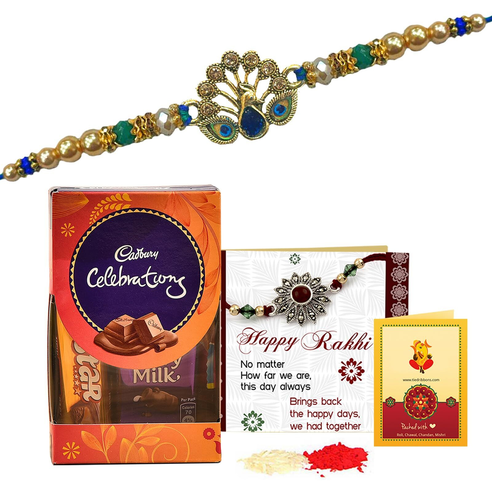 TIED RIBBONS Rakhi for Brother with Chocolate Combo Gift - Designer Peacock Rakhi with Chocolates Box and Rakshabandhan Card Tikka - Bracelet Rakhi for Men Brother Bhaiya Boys Kids (Design 3)