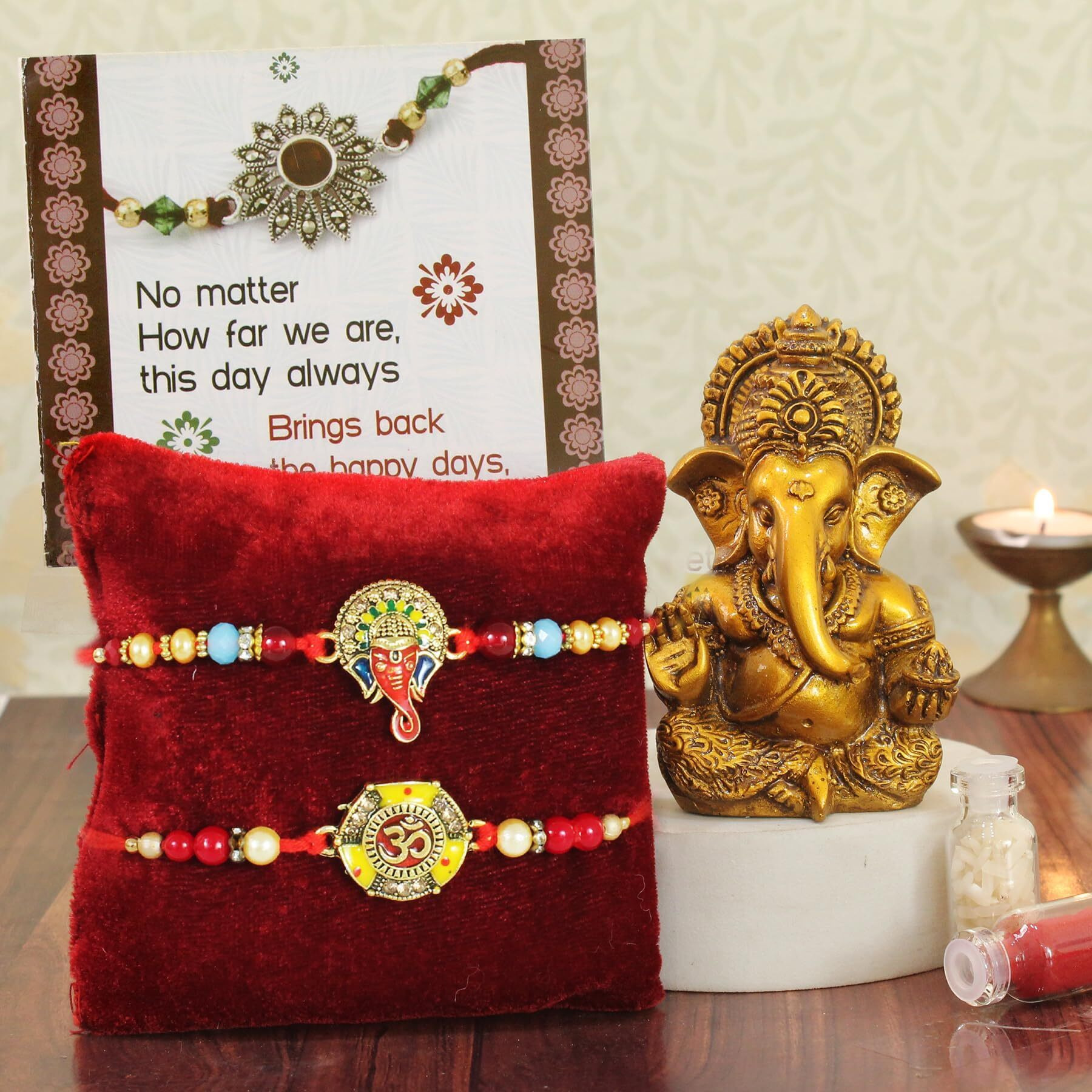 TIED RIBBONS Rakhi for Brother with Gift Combo - Set of 2 Rakhi for Brother Bhaiya Bhabhi Men Kids Boys with Mini Ganesha Idol Statue and Greeting Card - Rakshabandhan Gifts (Design 1)