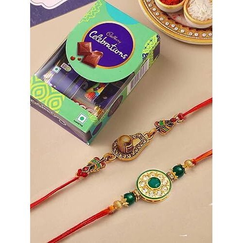 CraftVatika Rakhi Set of 2 for Brother Boy Men with Chocolate Combo Pack, Elegant Designer Rakhi with Cadbury Celebration and Greeting Card