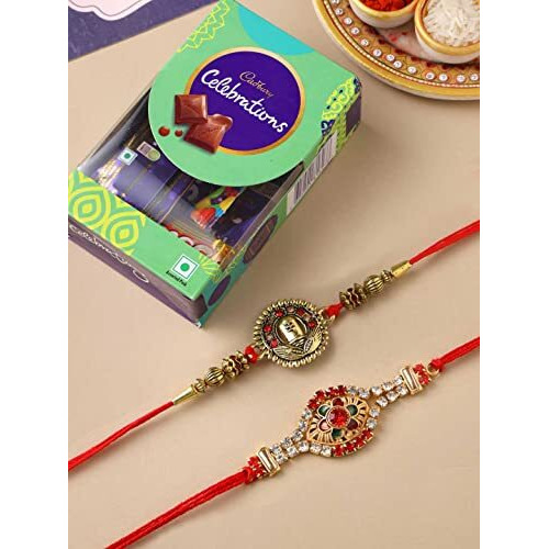 CraftVatika Rakhi Set of 2 for Brother Boy Men with Chocolate Combo Pack, Elegant Designer Rakhi with Cadbury Celebration and Greeting Card