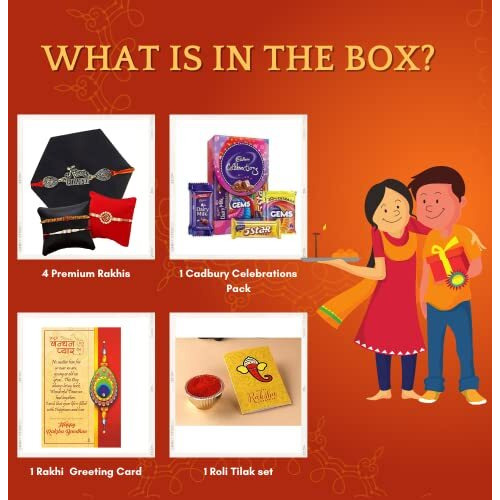 Cadbury Celebration Rakhi Combo with Chocolates Gift for Brother and bhabhi Kids / 4 Combo Rakhi Set with Chocolate Cadbury Celebration Pack Hamper / Rakhis Cadbury Set / Raksha bandhan Gifts Lumba Rakhi Greeting Card