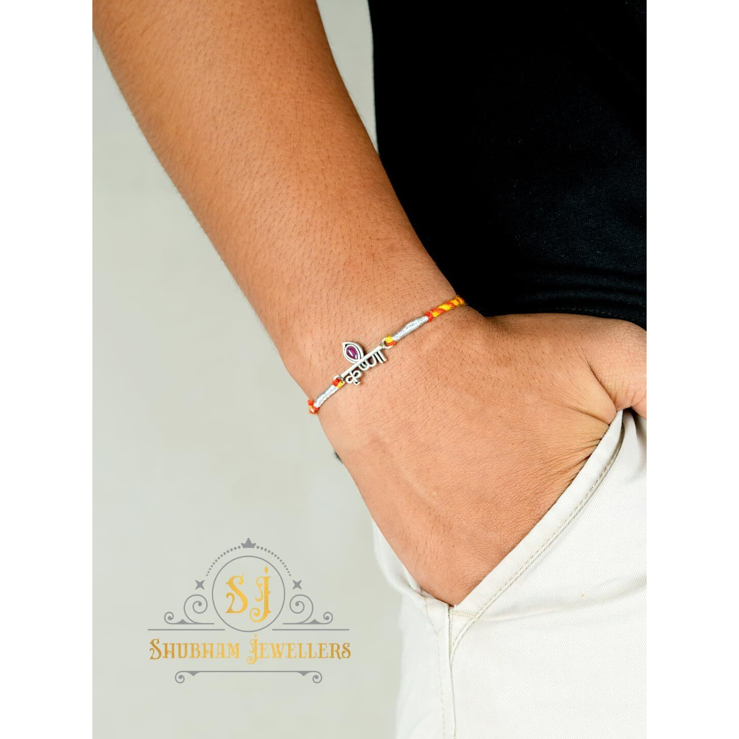 SJ SHUBHAM JEWELLERS 925 Sterling Silver Rakhi for brother God Rakhi Bracelet Raksha Bandhan Pure Cotton For Men, Boys, Kids Rakhi With Roli Chawal (Krishna With Stone)