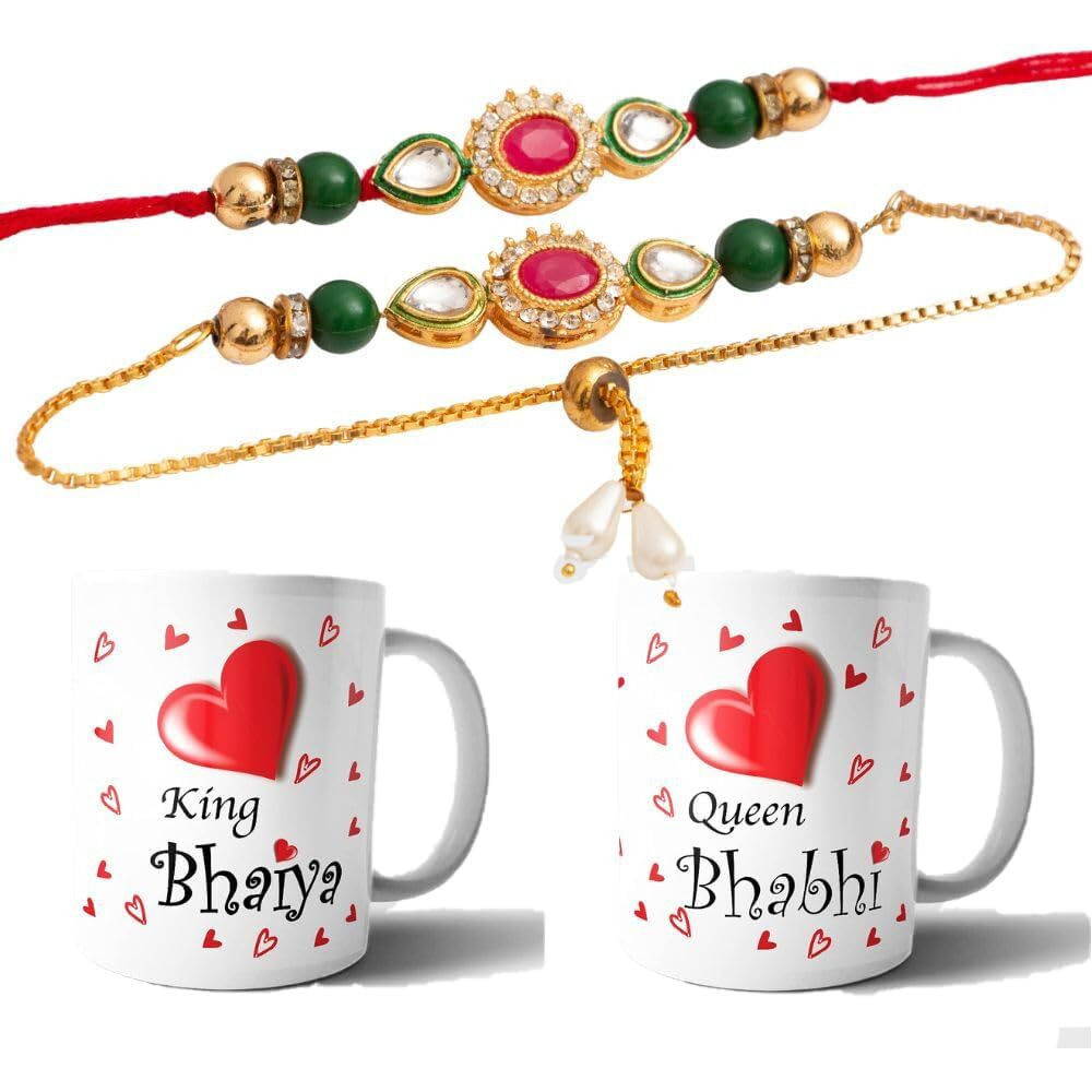 CraftVatika Rakhi Gift Combo for Bhaiya Bhabhi - Rakhi Mug Gift for Brother Bhabhi Couple Pair Rakhi for Bhai Bhabhi