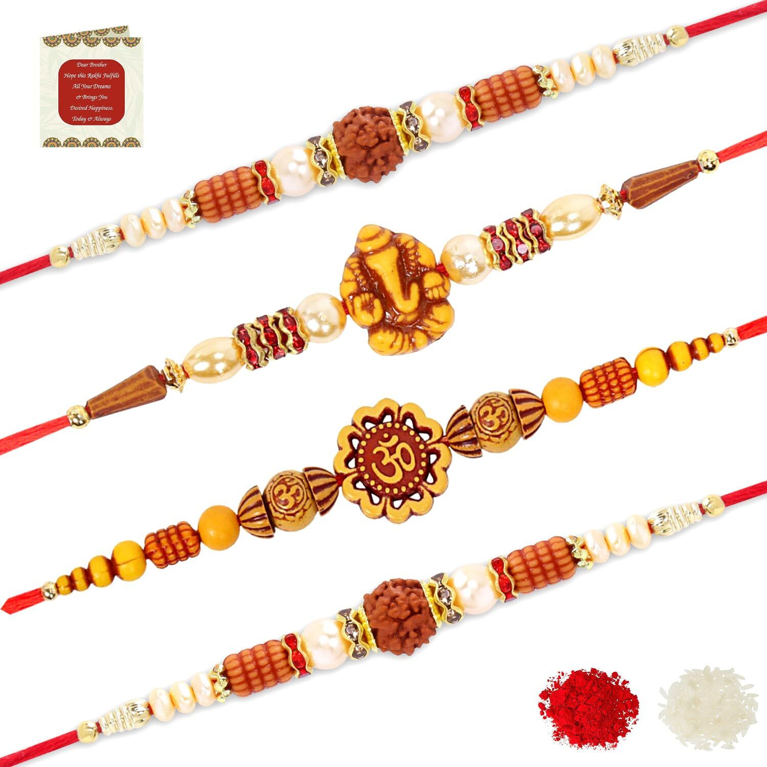 Riddhika Ventures Religious and Designer Pearl Rakhi with Roli Chawal and Greeting Card (I1F1H1H1)