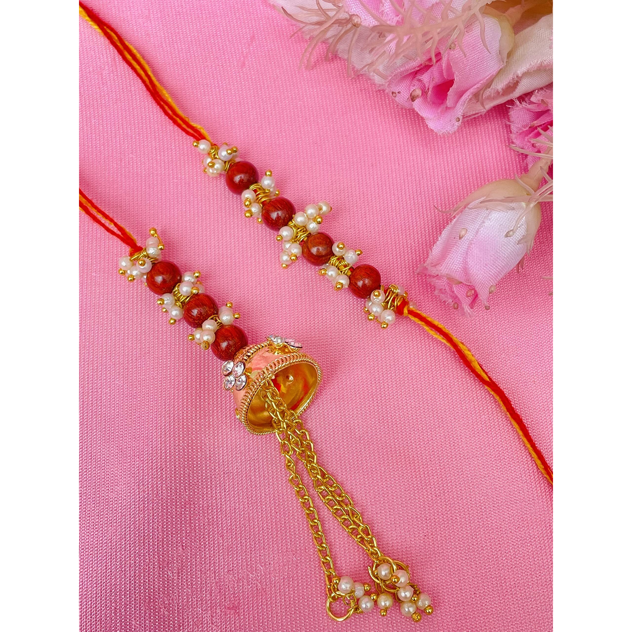 RDK Original Handcrafted Red Sandalwood Leaf Couple Pattern Dora Lumba Designer Chuda Womens Rakhi