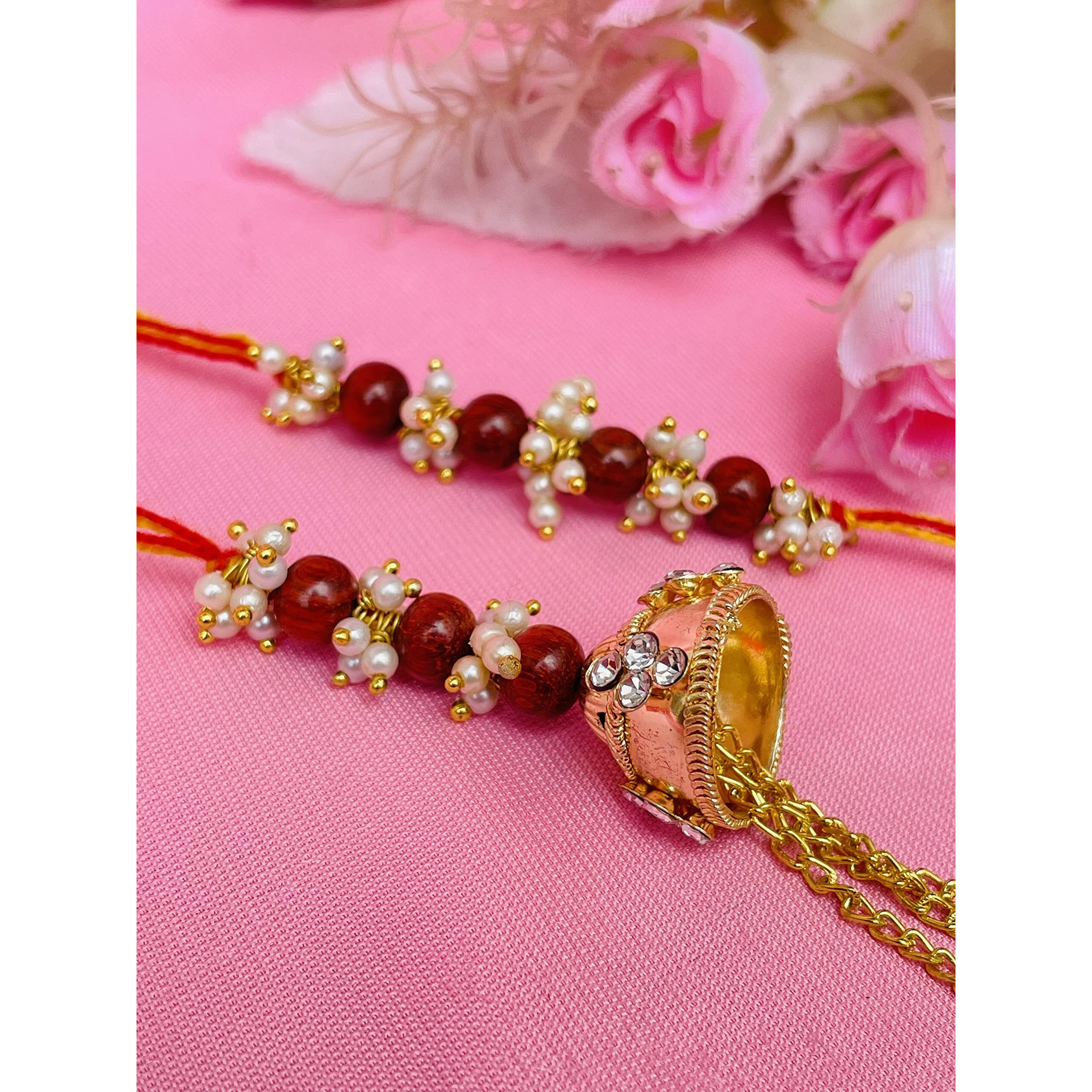 RDK Original Handcrafted Red Sandalwood Leaf Couple Pattern Dora Lumba Designer Chuda Womens Rakhi