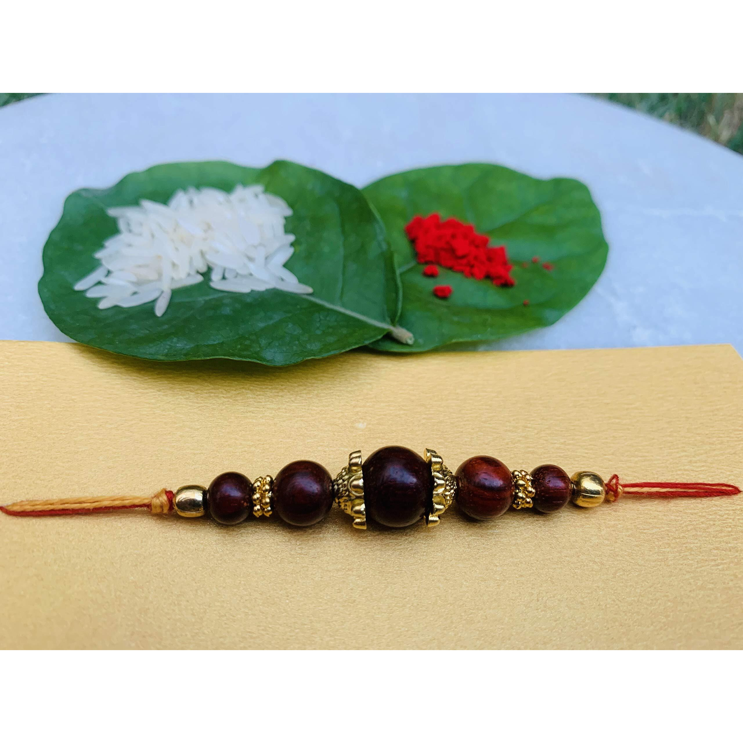 RDK Original Handcrafted Red Sandalwood 5 Bead Dora Rakhi Designer Rakshbandhan Rakhis for Bhaiya Brother