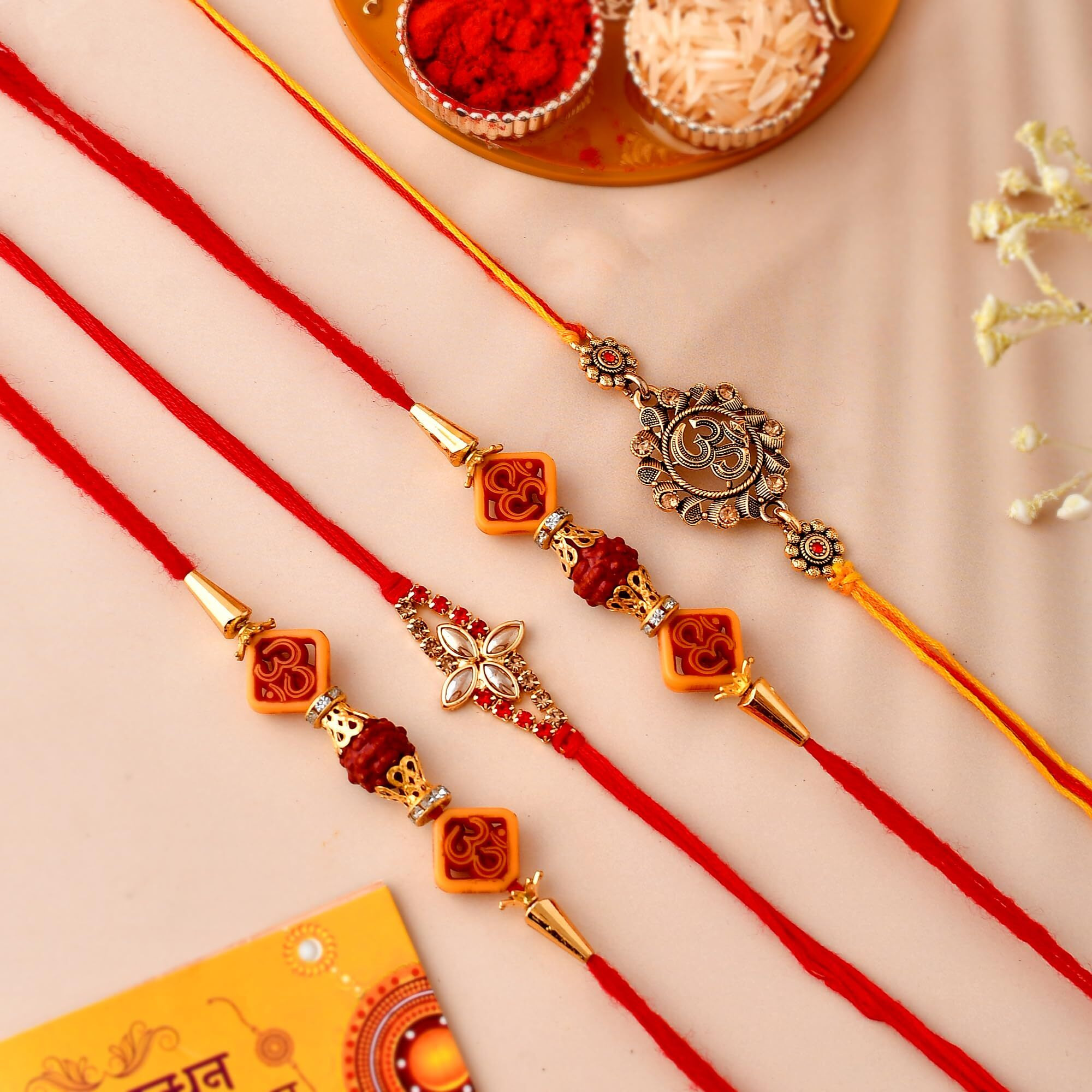 Set of 4 Rakhi Gift Combo for Brother with Chocolate Gifts Hamper, 4 Rakhi Combo Set For bhaiya Bhabhi Kids, Rakshabandhan Bhai Bhabhi Hamper Greeting Card,Tilak Set
