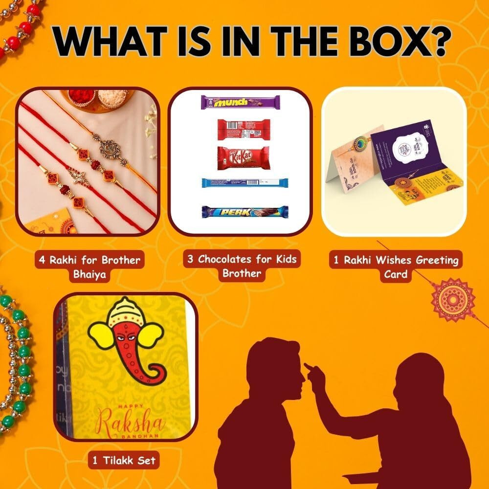 Set of 4 Rakhi Gift Combo for Brother with Chocolate Gifts Hamper, 4 Rakhi Combo Set For bhaiya Bhabhi Kids, Rakshabandhan Bhai Bhabhi Hamper Greeting Card,Tilak Set