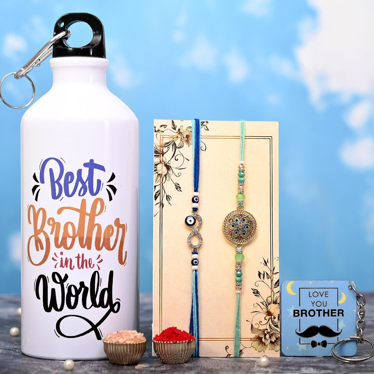 TONKWALAS Rakhi For Brother,2 Rakhi With Printed Sipper and Keychain Combo Set | 600 Ml Sipper with Keychain I Tilak Set and Greeting Card | Best Rakhi Gift For Brother (KSIP-1-C2-C6)