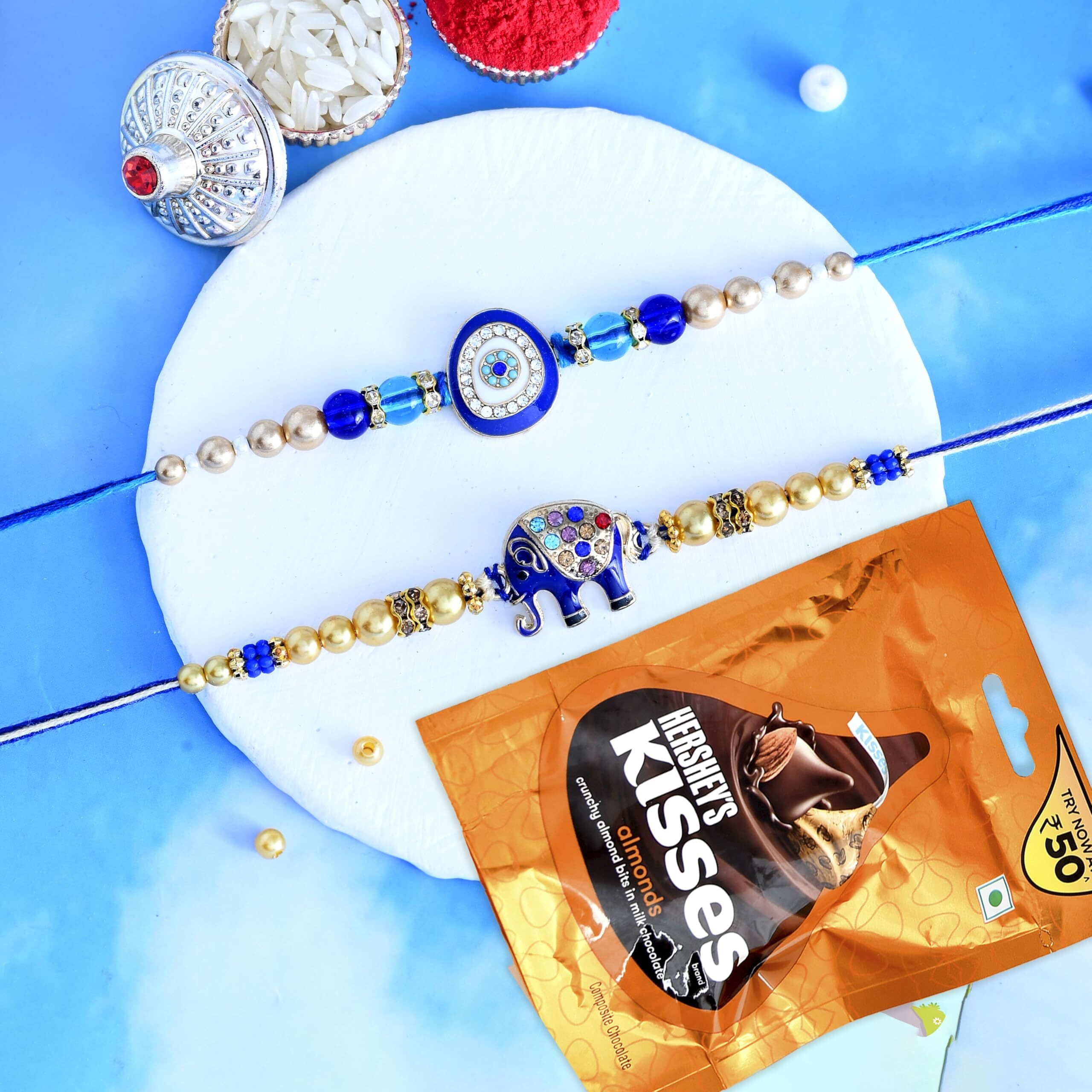 Rakhi Gift for Brother with Chocolates Gift Combo | 2 Premium Rakhis with Chocolates and Roli Chawal Tika | Rakhi for Brother - Rakhi with Gift Hamper (Combo-1)