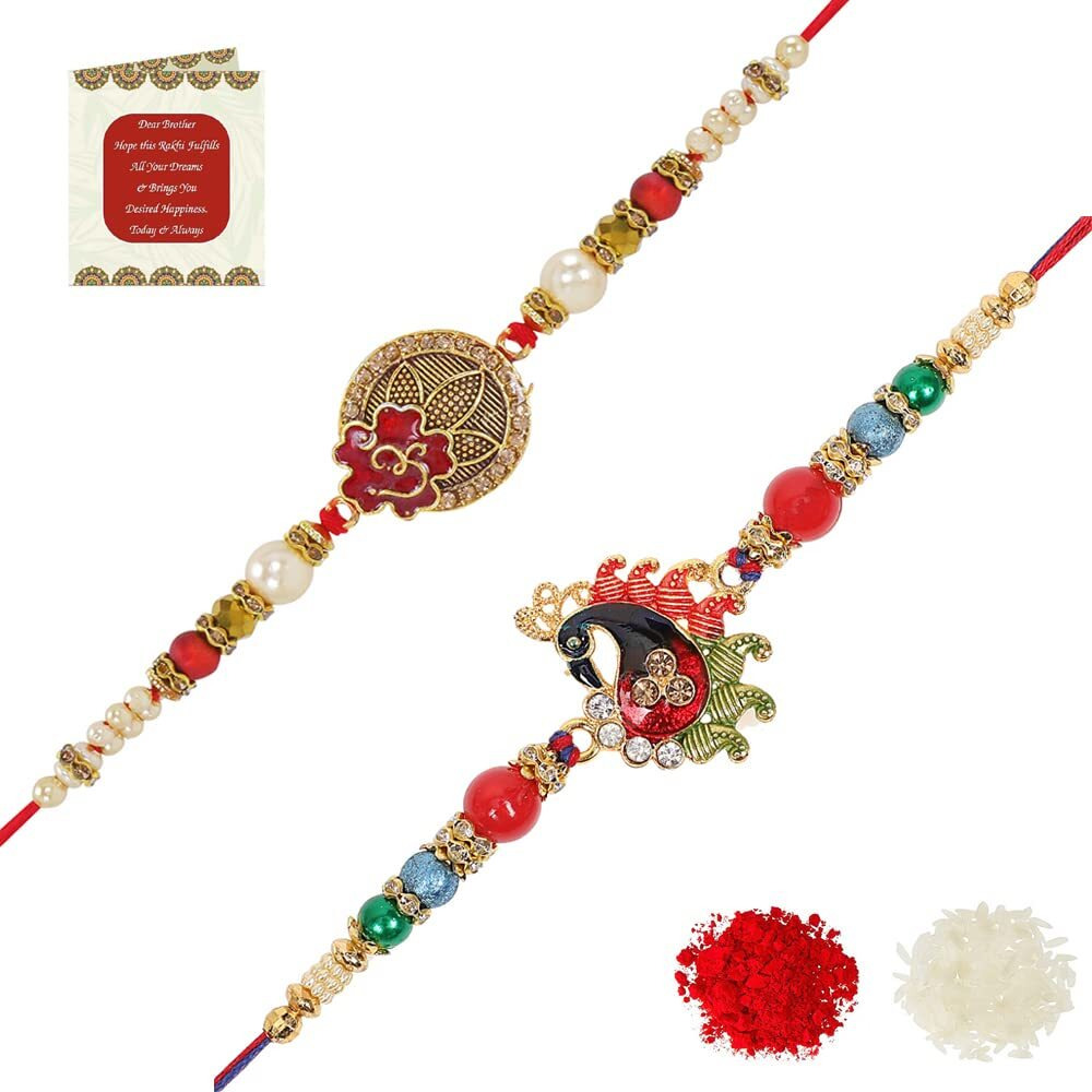 Riddhika Ventures Ravishing Gold Plated Meenakari OM and Peacock Rakhi (Set of 2) with Roli Chawal and Greeting Card(K6K9)