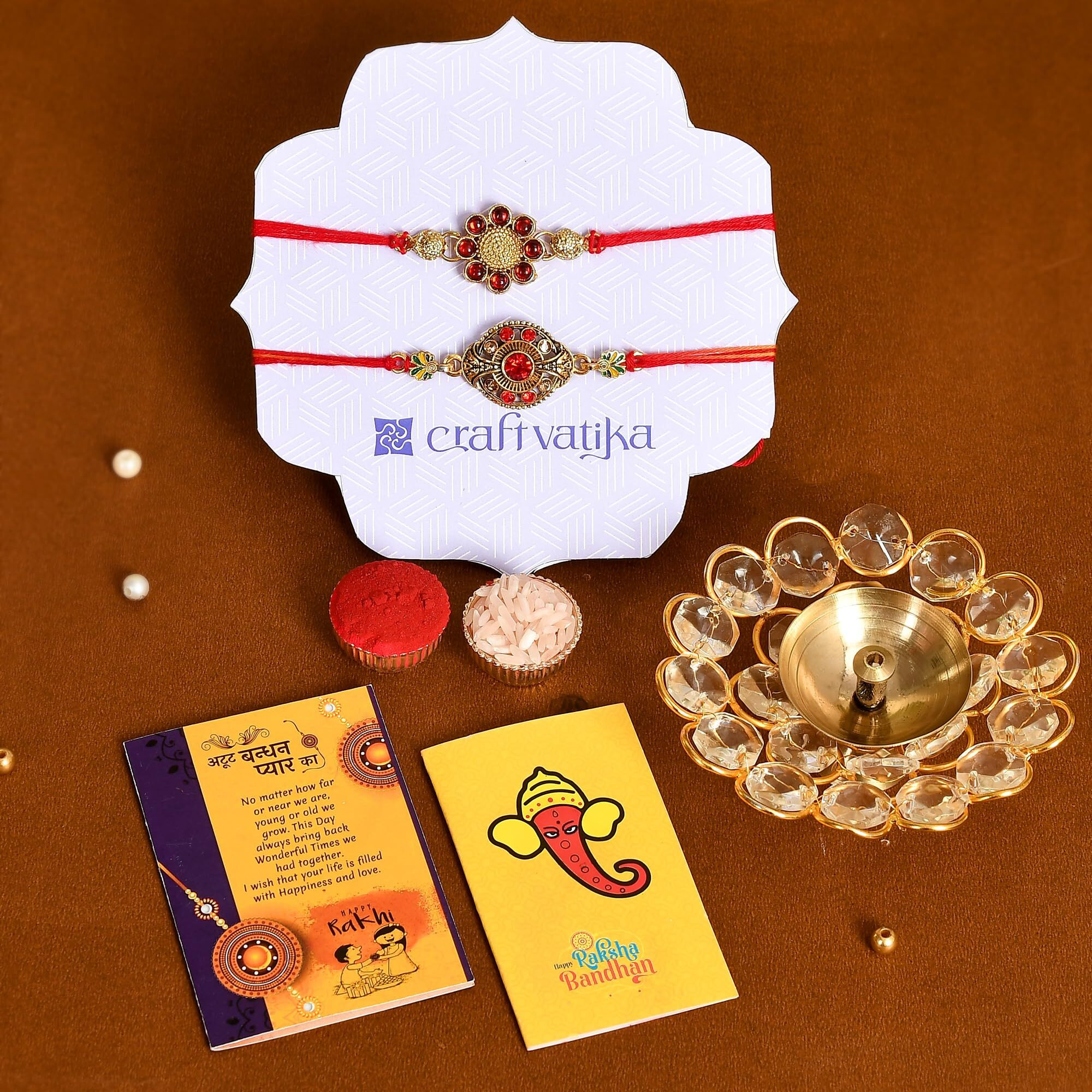 Rakhi Gift Combo for Brother, Brass Crystal Diya Oil Lamp with 2 Rakhi Gift Set - Rakhi for Bhaiya Brother - Raksha Bandhan Card/Kundan Rakhi (M2- Set of 2 Rakhi)