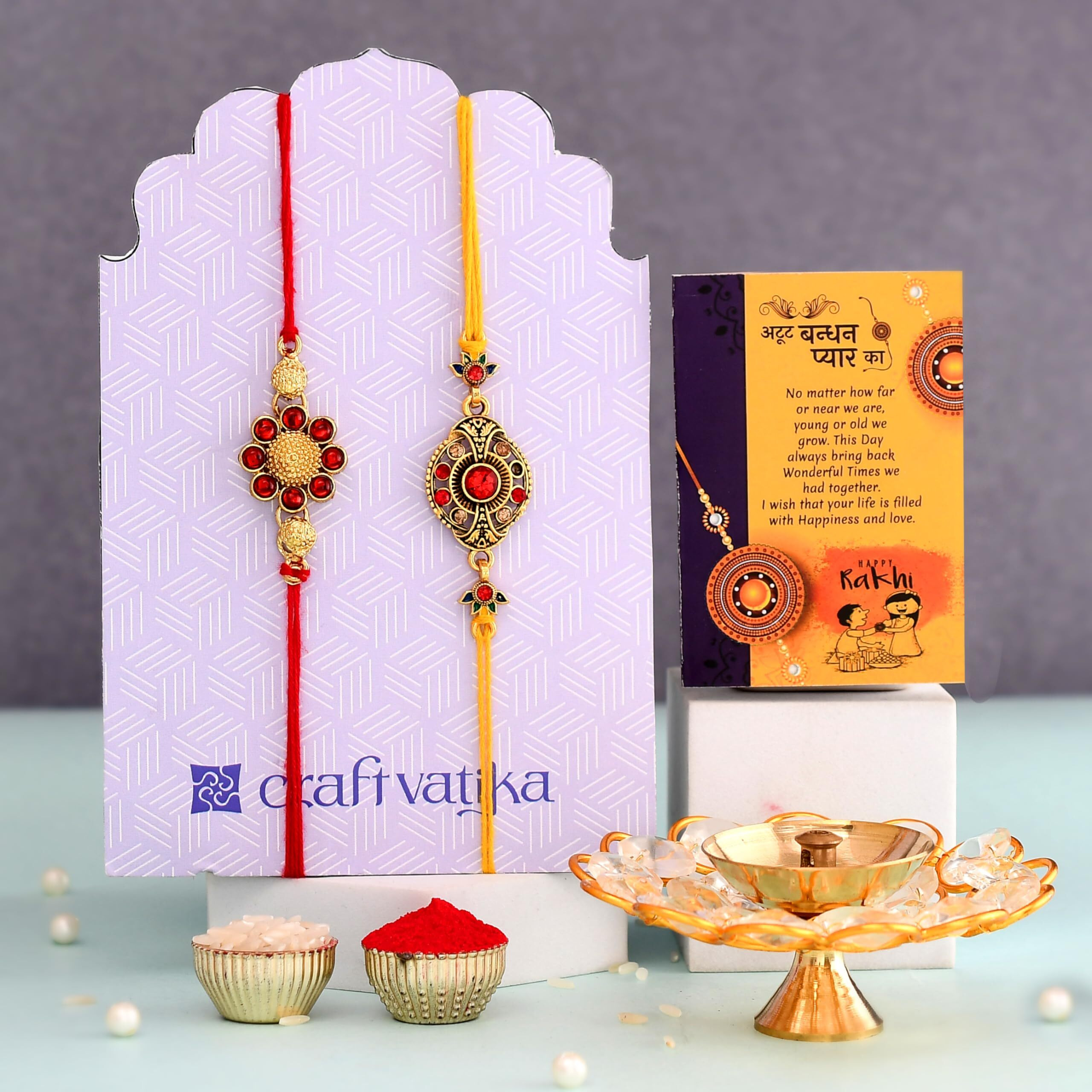 Rakhi Gift Combo for Brother, Brass Crystal Diya Oil Lamp with 2 Rakhi Gift Set - Rakhi for Bhaiya Brother - Raksha Bandhan Card/Kundan Rakhi (M2- Set of 2 Rakhi)
