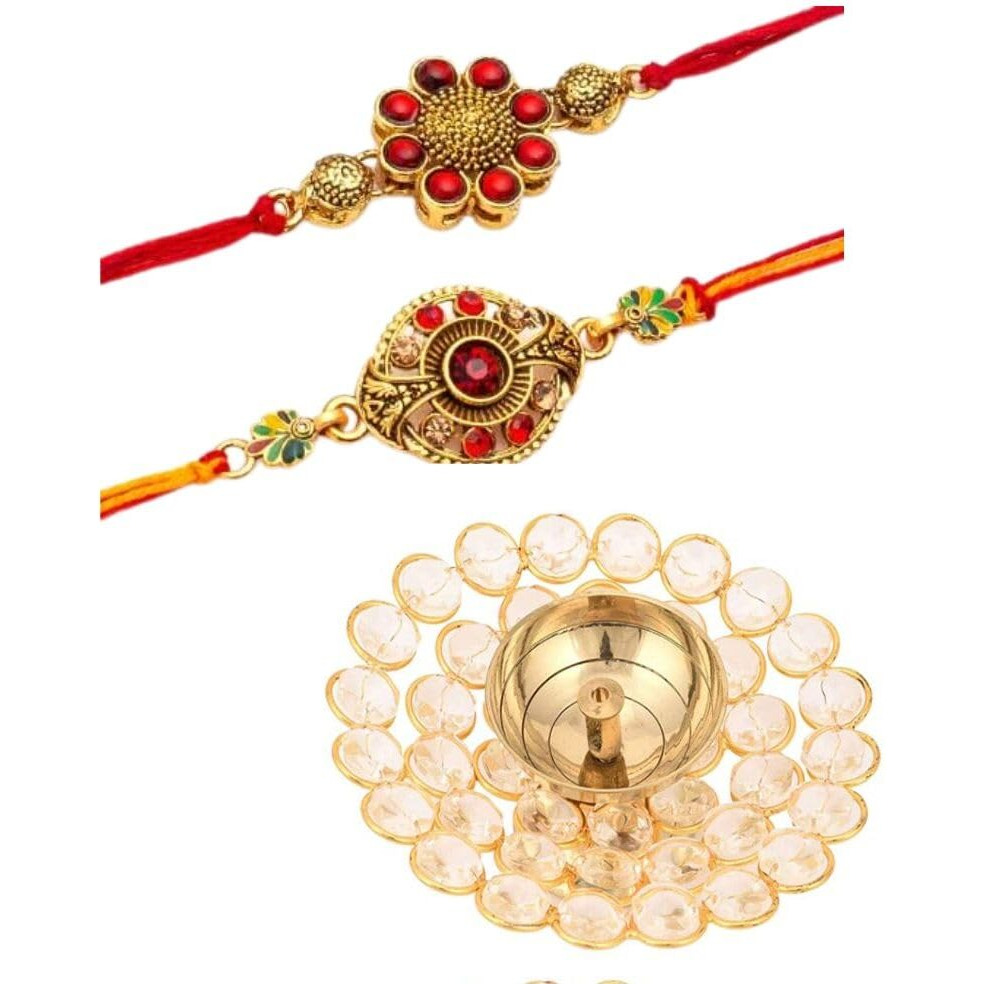 Rakhi Gift Combo for Brother, Brass Crystal Diya Oil Lamp with 2 Rakhi Gift Set - Rakhi for Bhaiya Brother - Raksha Bandhan Card/Kundan Rakhi (M2- Set of 2 Rakhi)