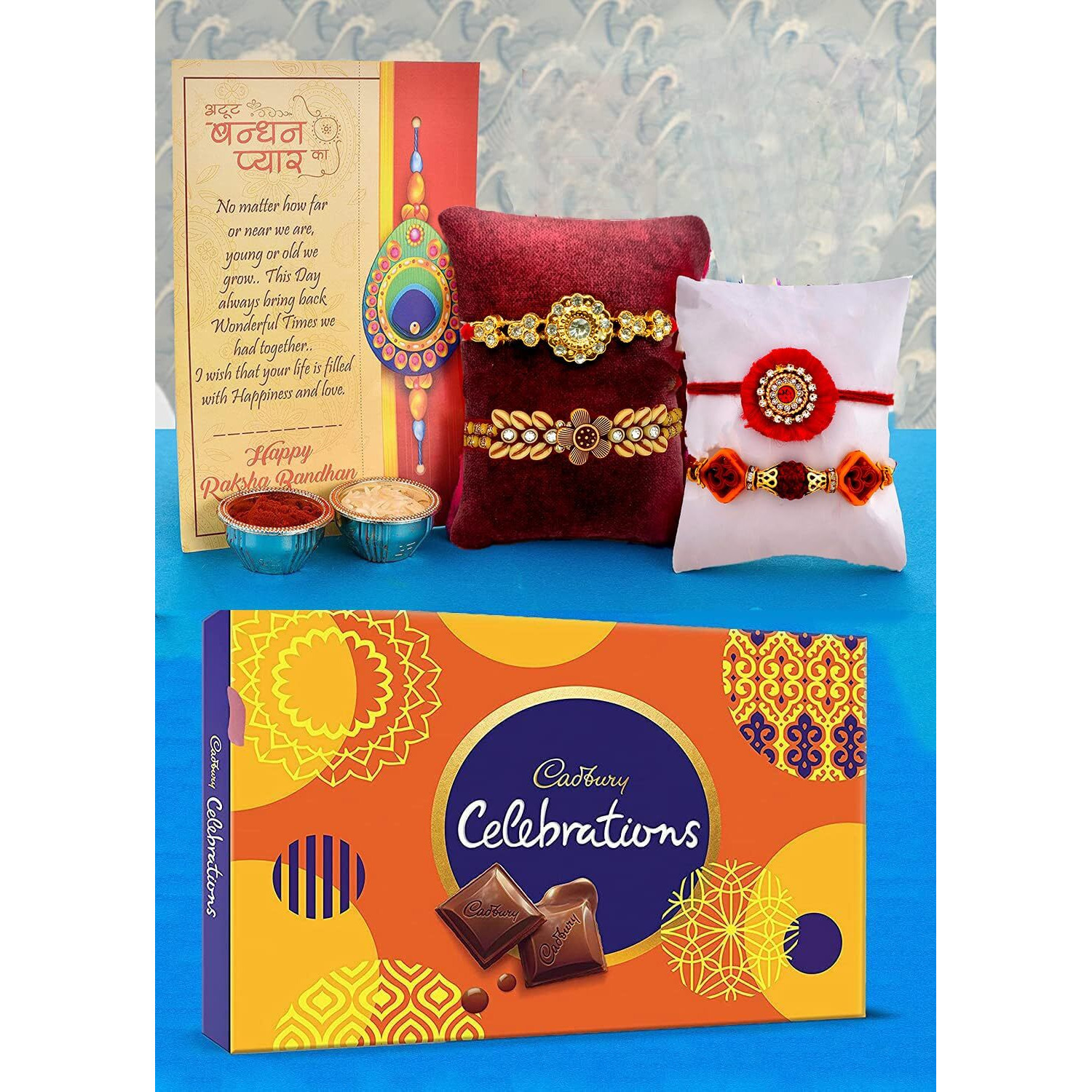Rakhi for brother combo with gift,Rakhi with chocolate For Bhai Bhabhi Kids,rakshabandhan gifts for brother with rakhi,Set of 4 Rakhi, Gift for Brother,CadBury Celebration Pack