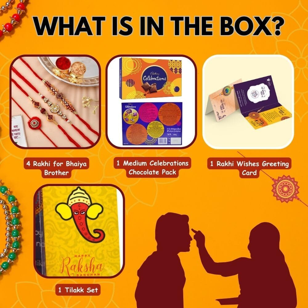 Rakhi for brother combo with gift,Rakhi with chocolate For Bhai Bhabhi Kids,rakshabandhan gifts for brother with rakhi,Set of 4 Rakhi, Gift for Brother,CadBury Celebration Pack