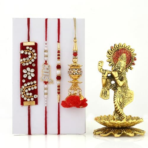 Collectible India Rakhi for Brother and Bhabhi Kids with Gift Combo - Rakshabandhan Gifts for Sister - Krishna Idols Statue for Home Decor, Bhai Rakhi, Designer Lumba Rakhi for Bhabhi, Greeting Card