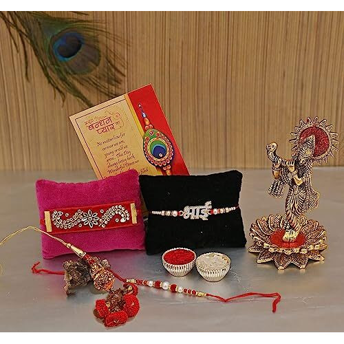 Collectible India Rakhi for Brother and Bhabhi Kids with Gift Combo - Rakshabandhan Gifts for Sister - Krishna Idols Statue for Home Decor, Bhai Rakhi, Designer Lumba Rakhi for Bhabhi, Greeting Card