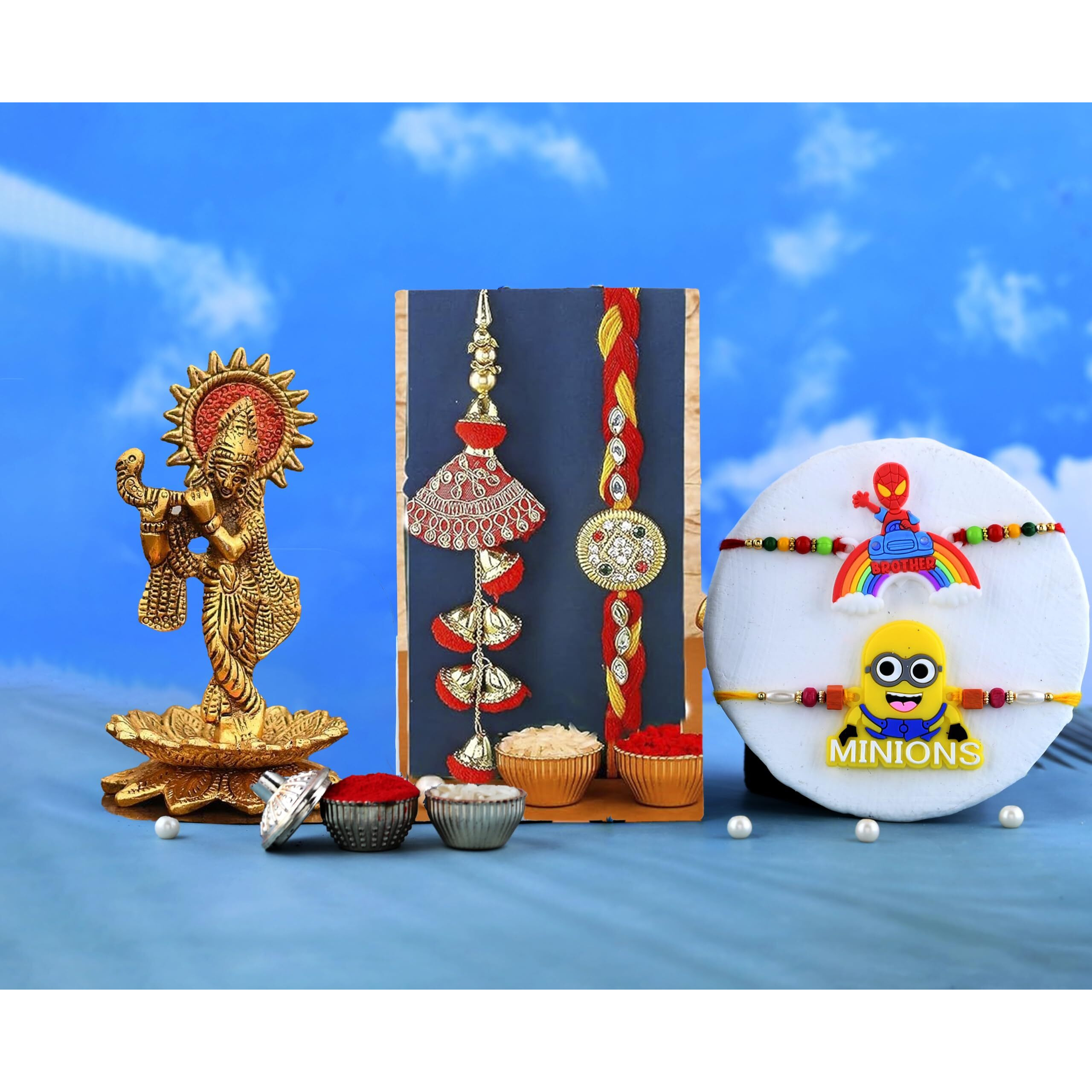 Collectible India Rakhi for Brother and Bhabhi Kids with Gift Combo - Rakshabandhan Gifts for Sister - Krishna Idol Statue for Home Decor, Home Decoration Items (M4- Pair with Kids Combo)