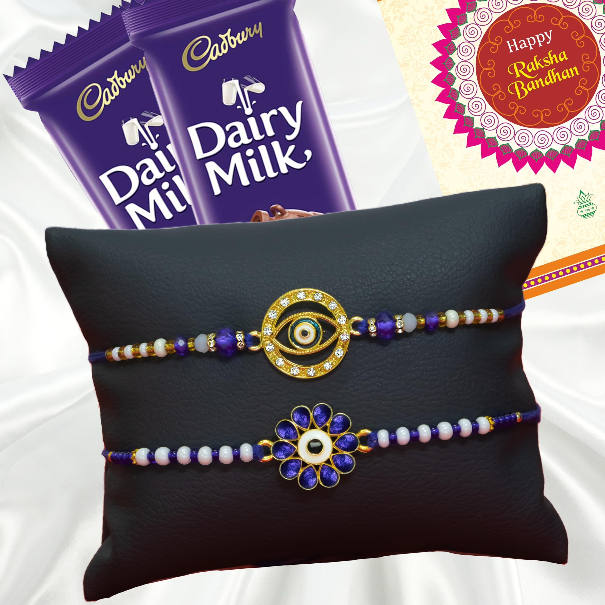 Canton Rakhi Combo Gift Hamper Pack of 2 Rakhi For Brother With Chocolate, Rakhi With Cadbury Dairy Milk, Greeting Card & Roli Tilak (Design-10, 2 Rakhi With Cadbury)