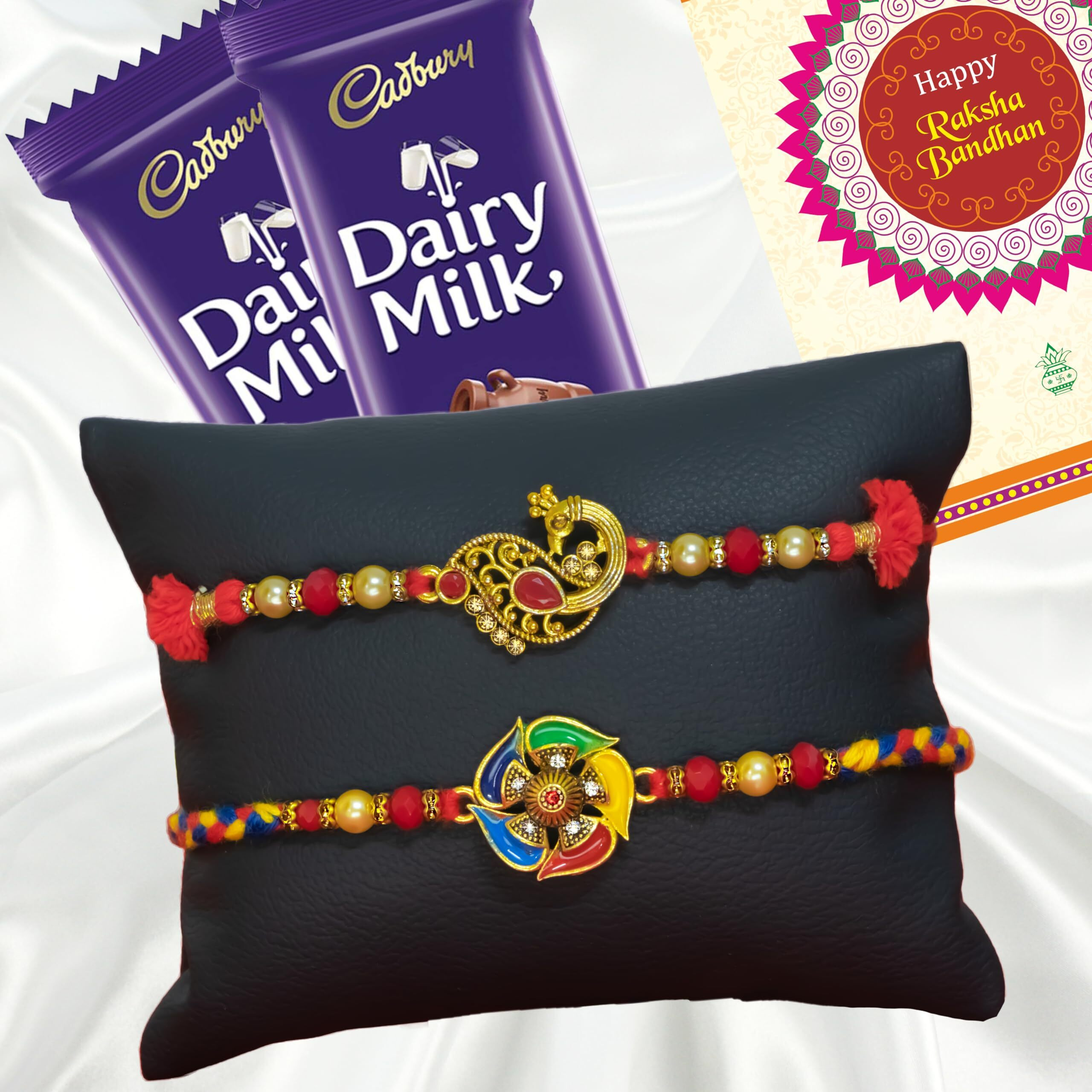 Canton Rakhi Combo Gift Hamper Pack of 2 Rakhi For Brother With Chocolate, Rakhi With Cadbury Dairy Milk, Greeting Card & Roli Tilak (Design-11, 2 Rakhi With Cadbury)