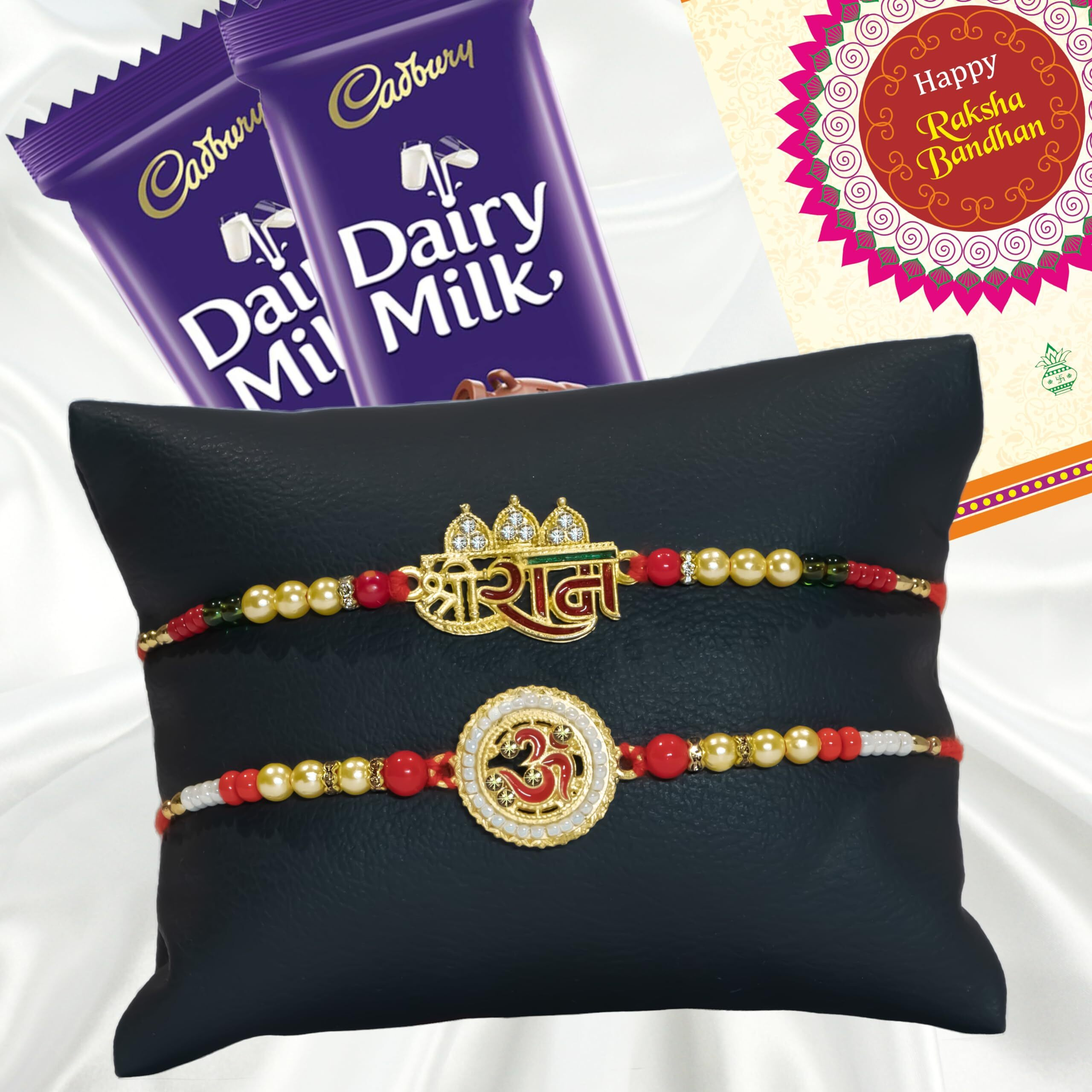 Canton Rakhi Combo Gift Hamper Pack of 2 Rakhi For Brother With Chocolate, Rakhi With Cadbury Dairy Milk, Greeting Card & Roli Tilak (Design-13, 2 Rakhi With Cadbury)