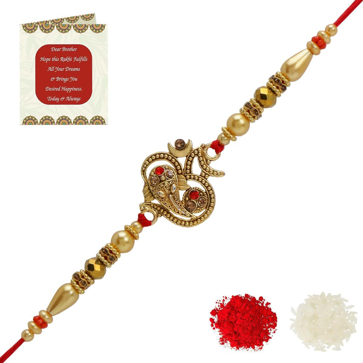 Riddhika Ventures Glorious Gold Plated Om and Diamond Ring Rakhi (Bracelet) with Roli Chawal and Greeting Card (K15) For Men