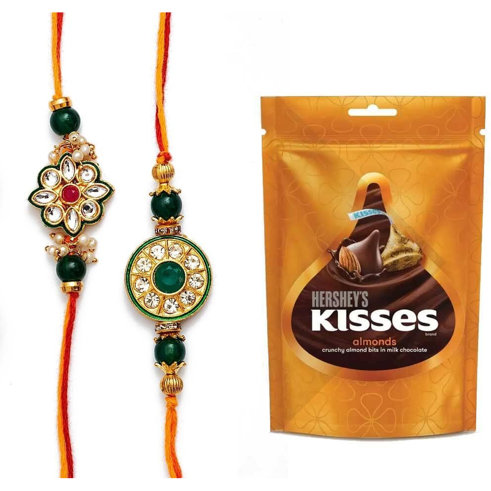 CraftVatika Rakhi Set of 2 for Brother Boy with Chocolate Combo Hamper - Rakhi with Hersheys Kisses Almond Chocolates