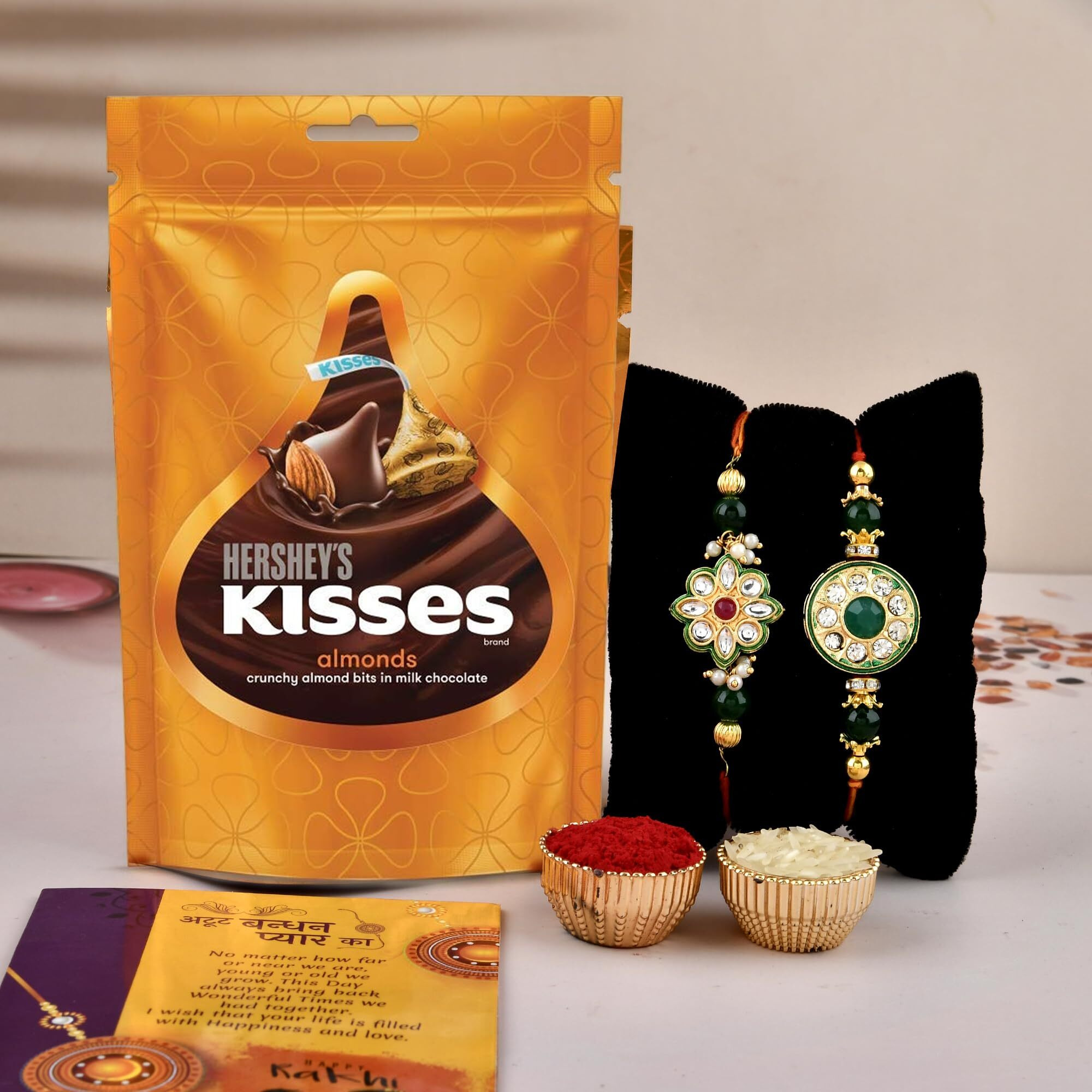 CraftVatika Rakhi Set of 2 for Brother Boy with Chocolate Combo Hamper - Rakhi with Hersheys Kisses Almond Chocolates