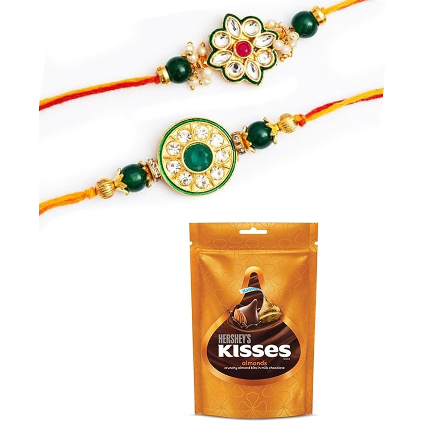CraftVatika Rakhi Set of 2 for Brother Boy with Chocolate Combo Hamper - Rakhi with Hersheys Kisses Almond Chocolates