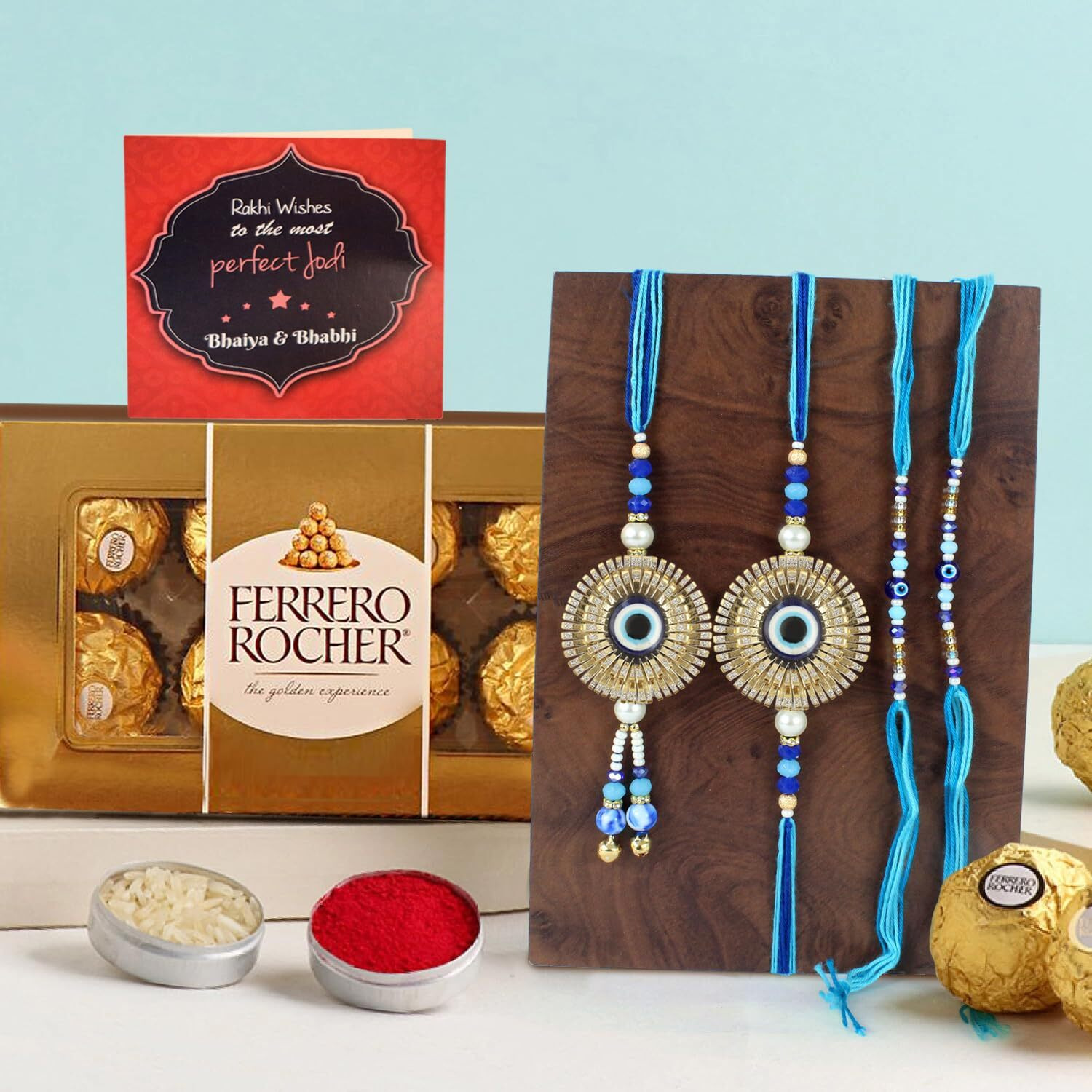 TIED RIBBONS Rakhi Gift for Brother Bhabhi and Kid with Chocolate Hamper - Set of 4 Premium Family Rakhi for Bhaiya Bhabhi Kids Brother with Chocolate Box Card & Roli Chawal