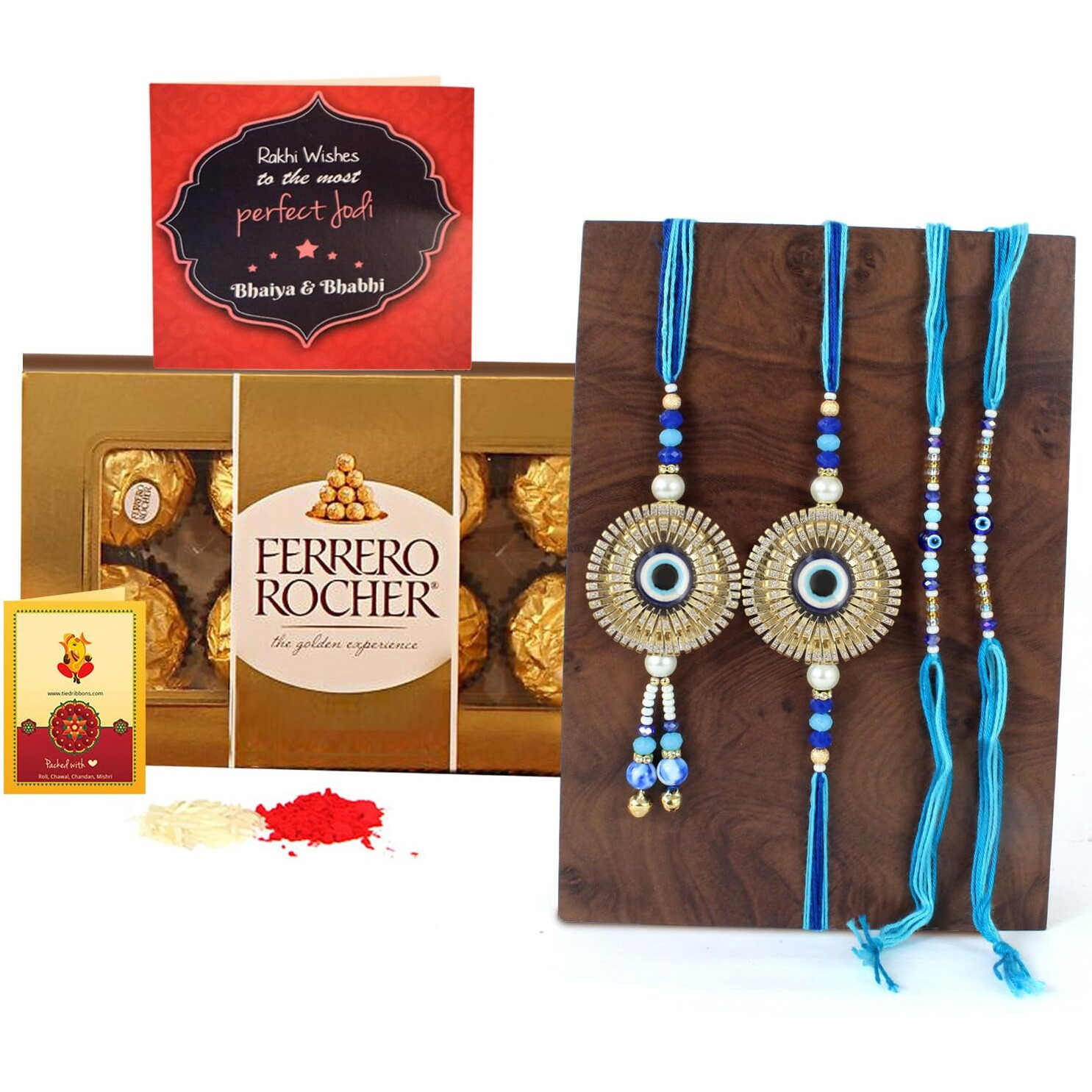 TIED RIBBONS Rakhi Gift for Brother Bhabhi and Kid with Chocolate Hamper - Set of 4 Premium Family Rakhi for Bhaiya Bhabhi Kids Brother with Chocolate Box Card & Roli Chawal